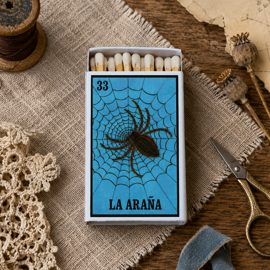 La Araña Lotería Matchbox – Mexican Bingo Matches, Spider Design, Colorful Candle Accessory