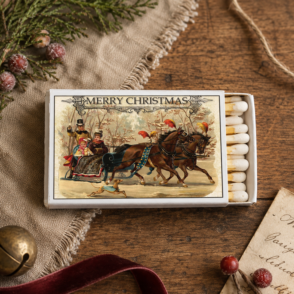 Christmas Sleigh Ride Matchbox – Vintage Holiday Matches, Rustic Winter Candle Accessory