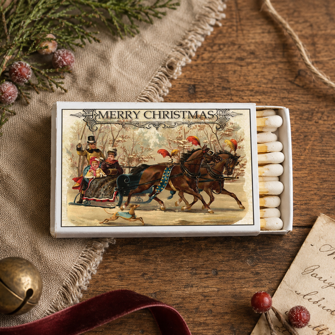 Christmas Sleigh Ride Matchbox – Vintage Holiday Matches, Rustic Winter Candle Accessory