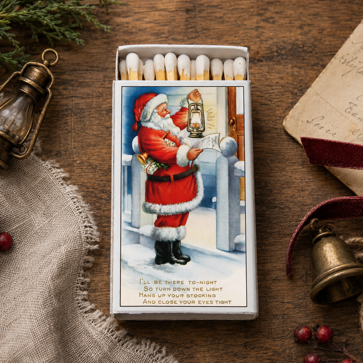 Vintage Santa Matchbox – Retro Christmas Matches, Holiday Candle Accessory, Stocking Stuffer