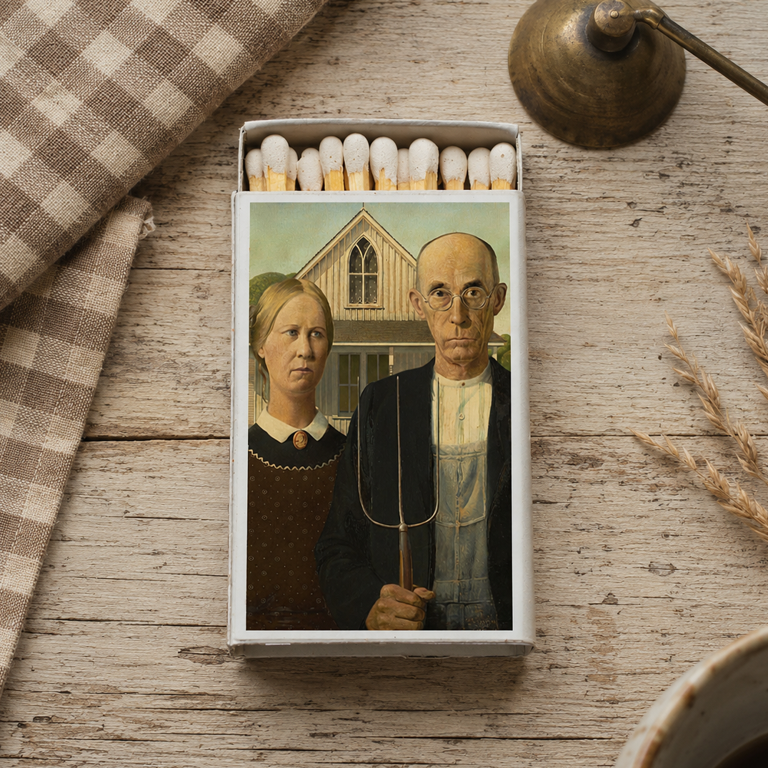 American Gothic Matchbook Cover, Grant Wood Painting Collectible, Vintage Art Decor, Home Decor for Candles