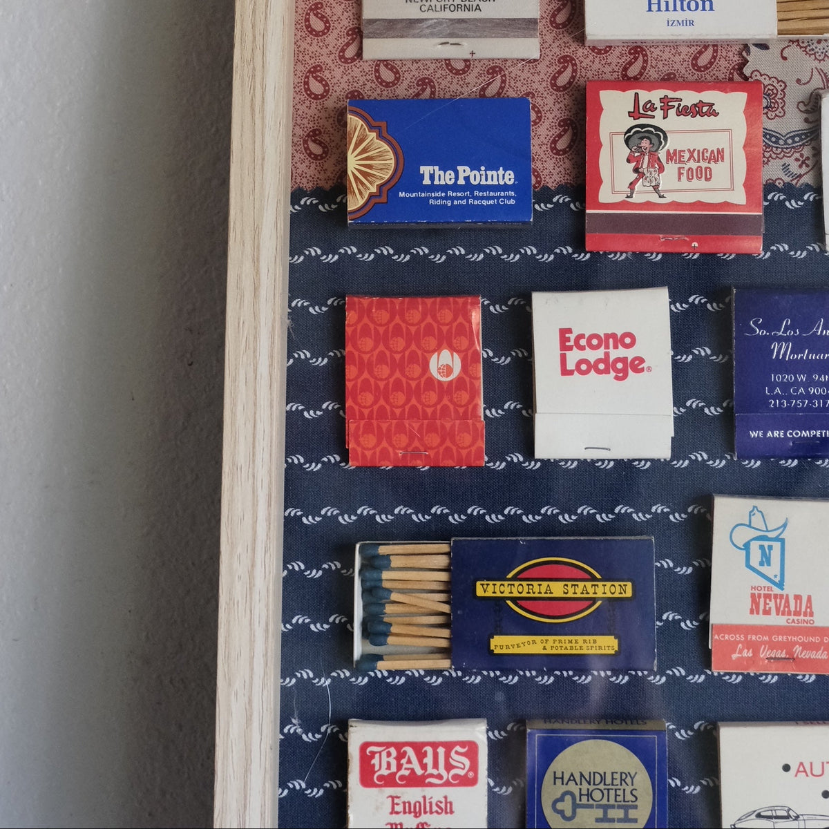 Vintage Americana Matchbook Art Display: Red, White, Blue Light Wood Frame