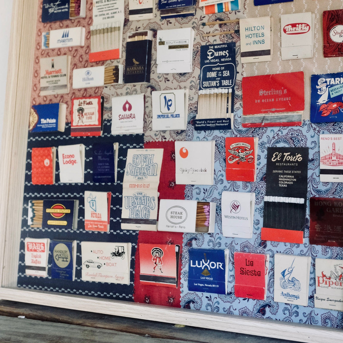 Vintage Americana Matchbook Art Display: Red, White, Blue Light Wood Frame