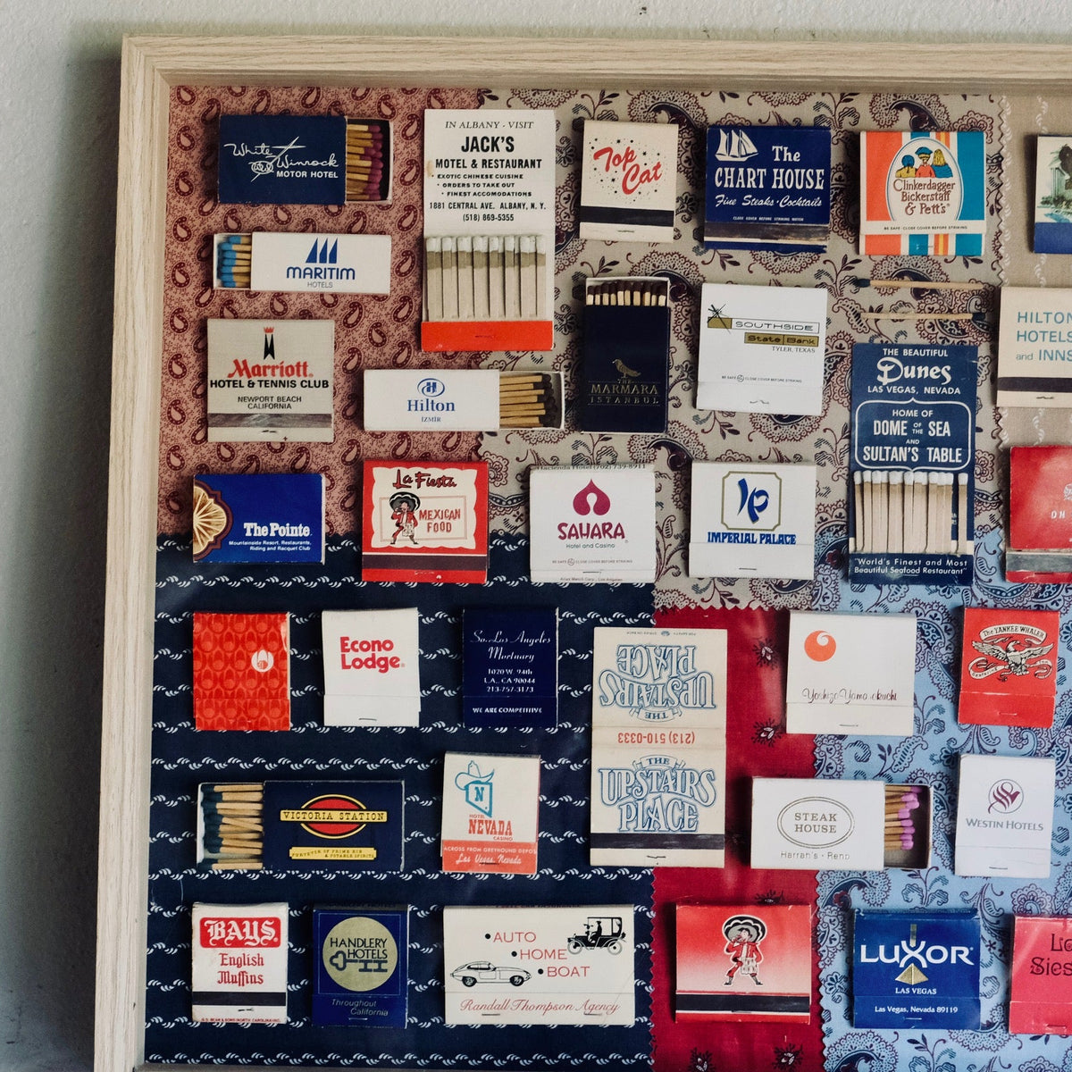 Vintage Americana Matchbook Art Display: Red, White, Blue Light Wood Frame