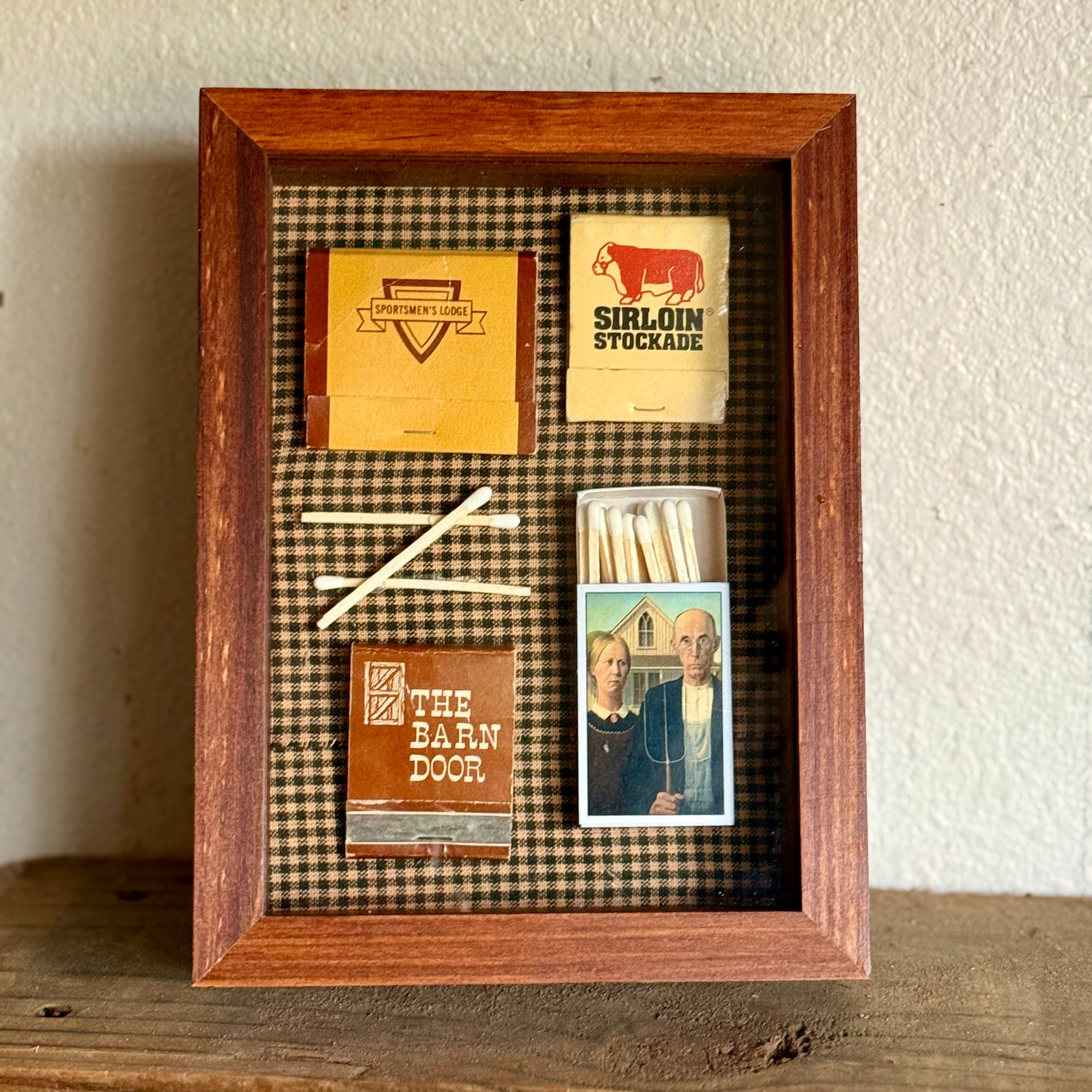Vintage Matchbook Shadow Box | American Gothic Farmhouse Art | Rustic Restaurant Memorabilia