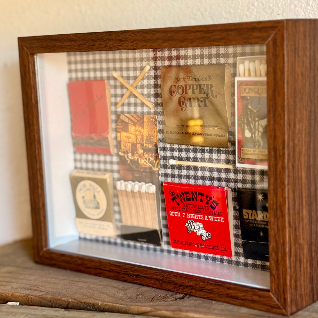 Vintage Las Vegas Matchbook Shadow Box, Don Quixote Literary Wall Art, Casino Restaurant Ephemera, 9x7 One-of-a-Kind Decor