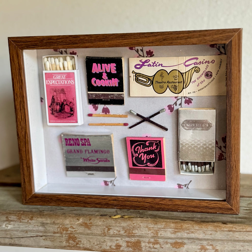 Pink Vintage Matchbook Shadow Box | Retro Wall Art Decor
