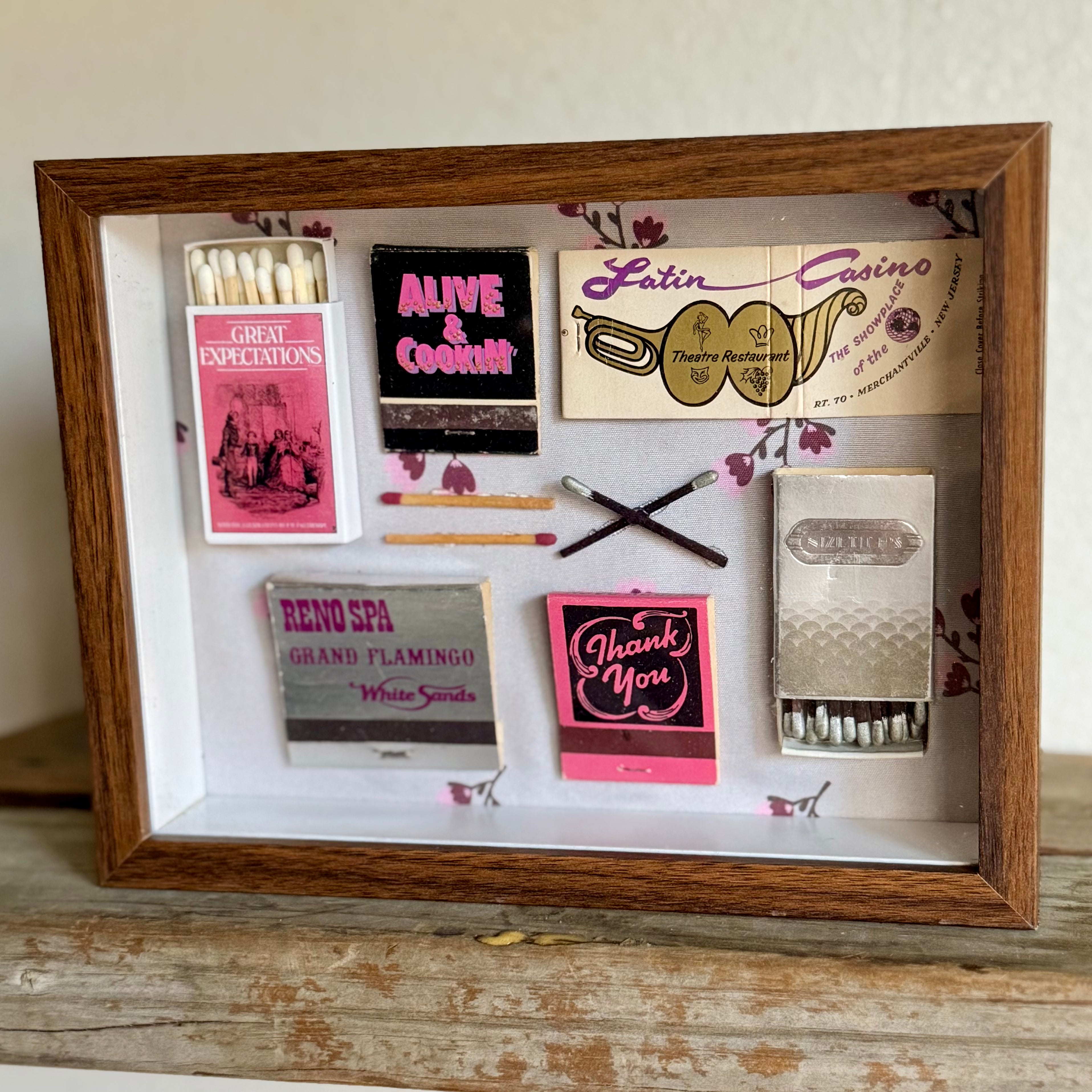 Pink Vintage Matchbook Shadow Box | Retro Wall Art Decor