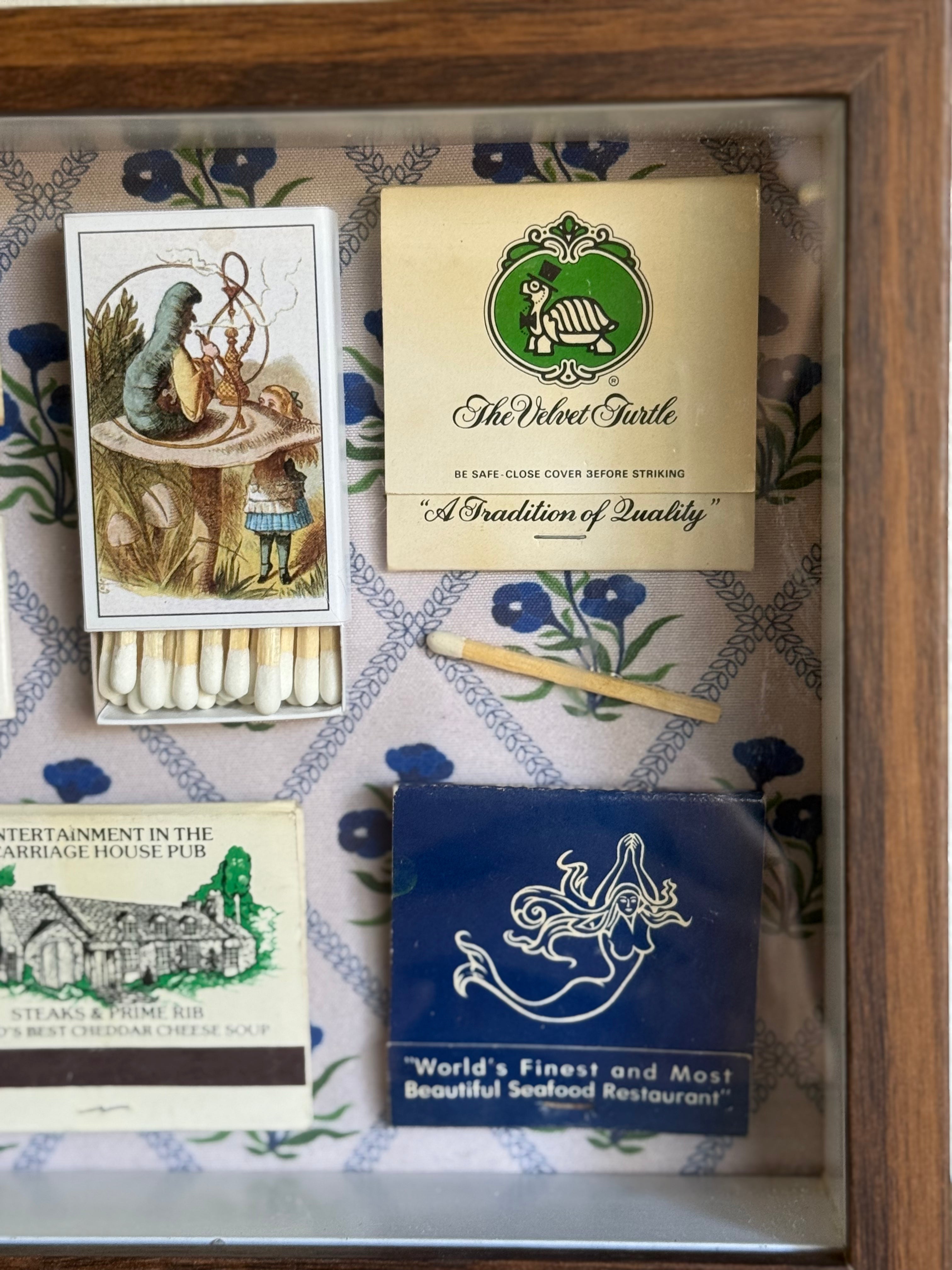 Alice in Wonderland Matchbook Shadow Box, Vintage Restaurant Ephemera Wall Art, Blue Floral Framed Collage, One-of-a-Kind Decor