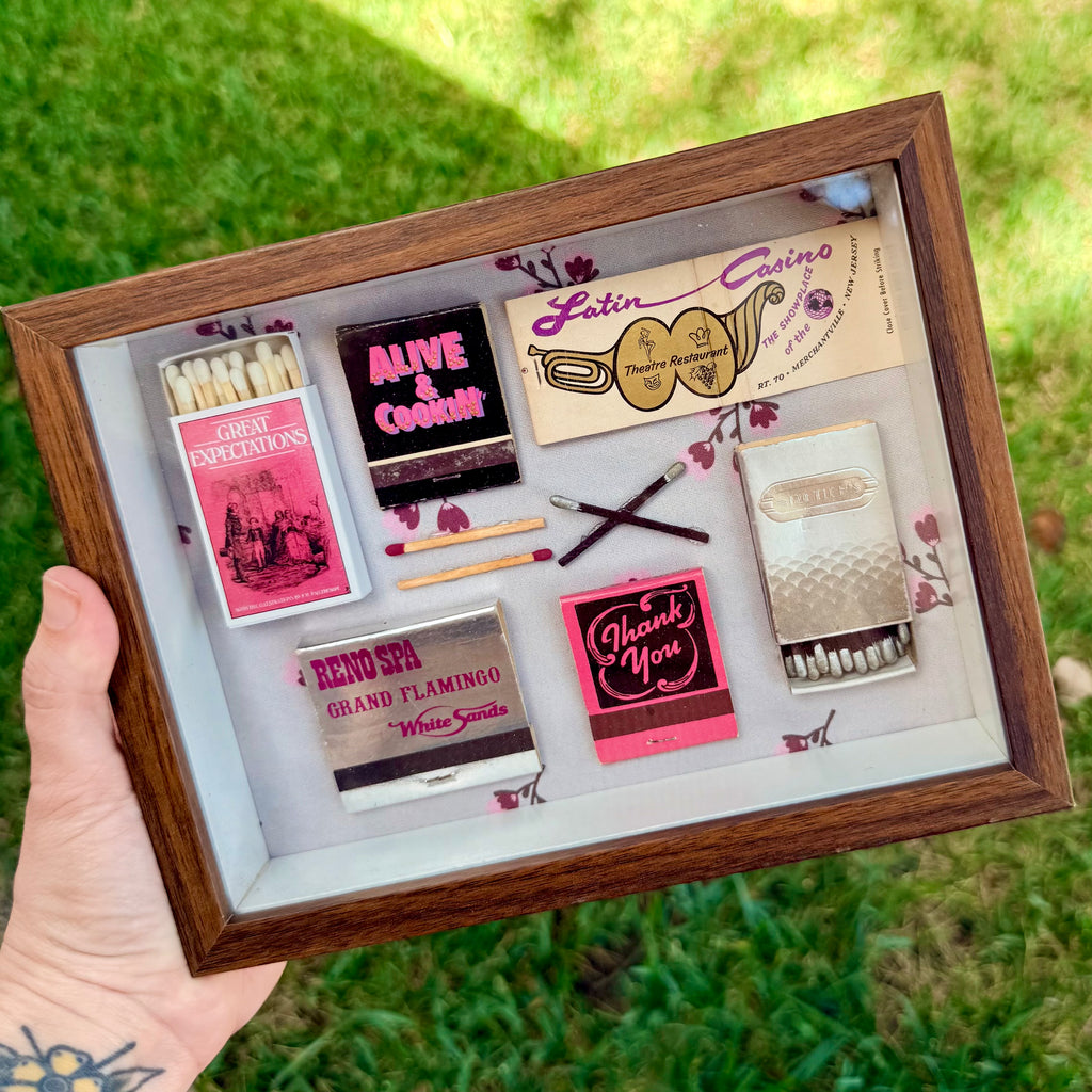 Pink Vintage Matchbook Shadow Box | Retro Wall Art Decor