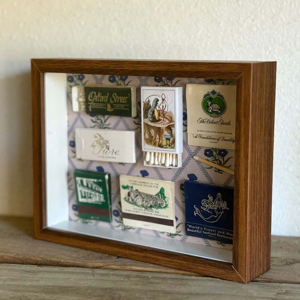 Alice in Wonderland Matchbook Shadow Box, Vintage Restaurant Ephemera Wall Art, Blue Floral Framed Collage, One-of-a-Kind Decor