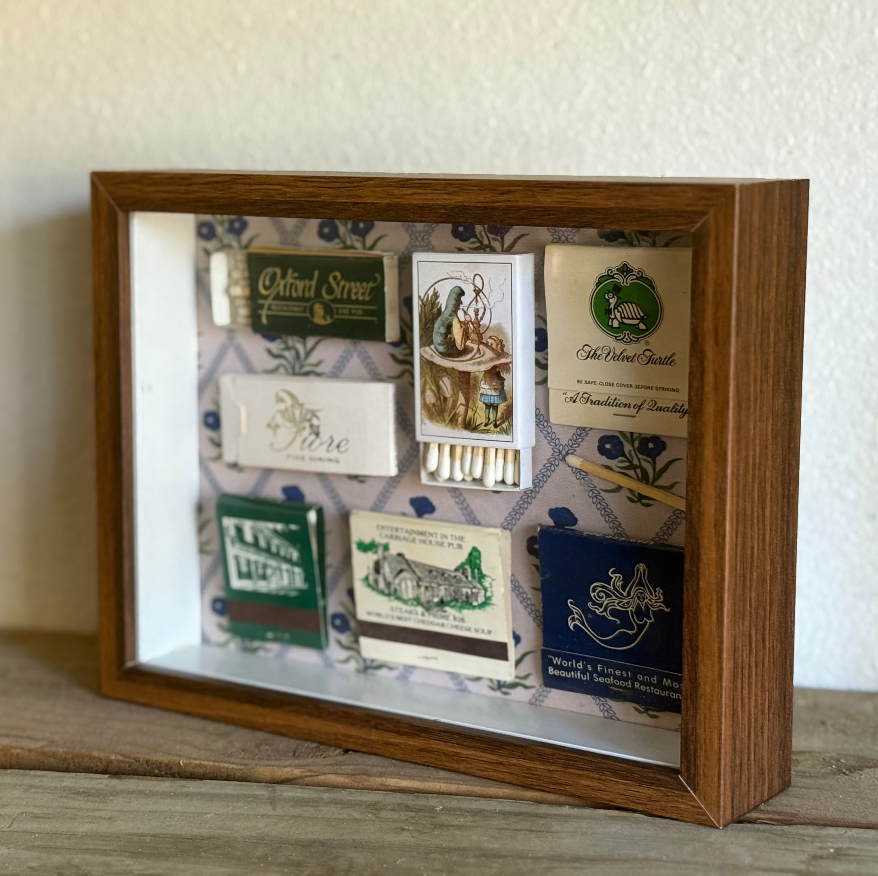 Alice in Wonderland Matchbook Shadow Box, Vintage Restaurant Ephemera Wall Art, Blue Floral Framed Collage, One-of-a-Kind Decor