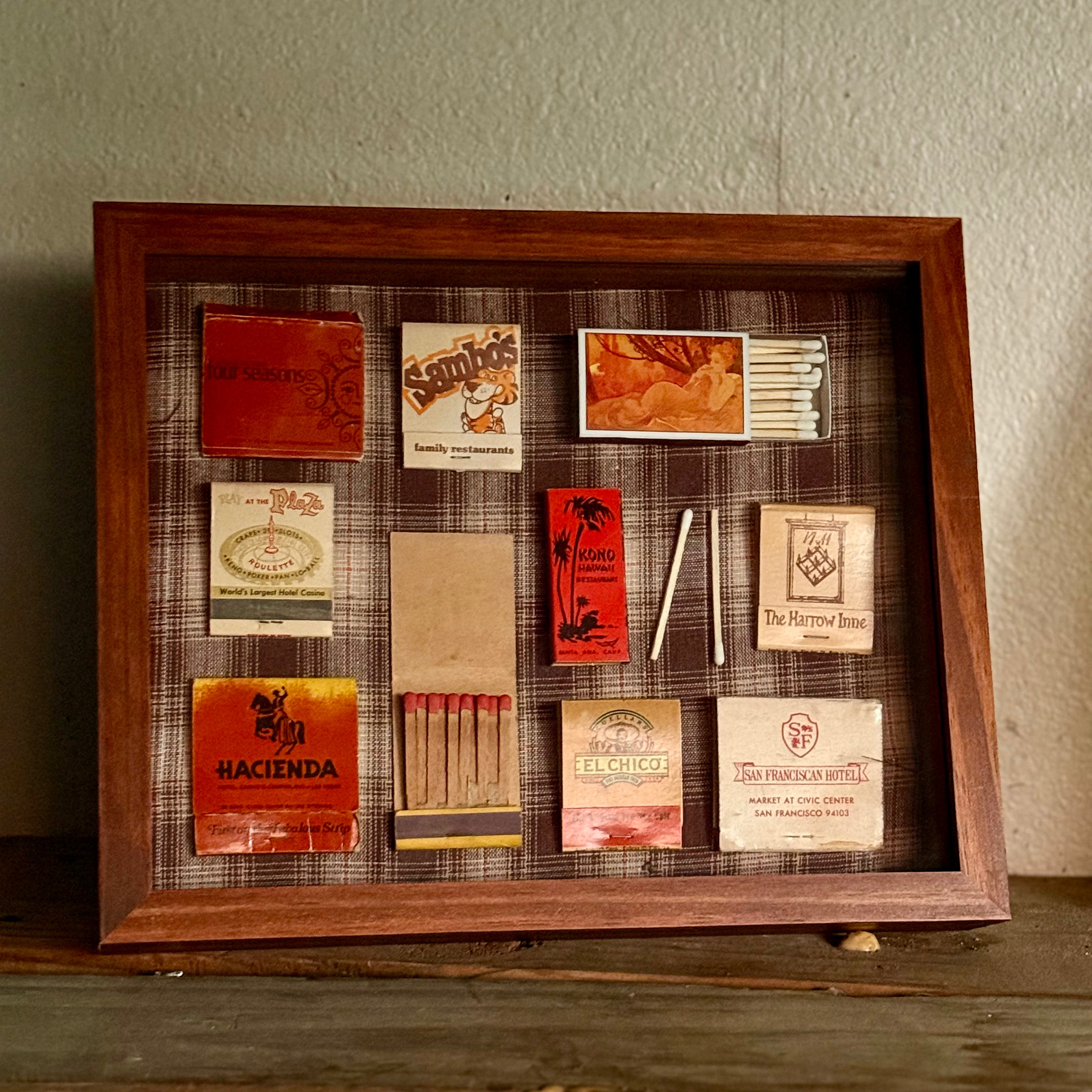 Vintage Orange Plaid Matchbook Shadow Box | Retro Hotel and Casino Wall Art | Mid-Century Bar Décor