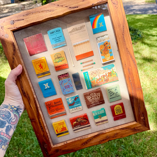 70's Colorful Vintage Matchbook Shadow Box Wall Art | Large Framed Matchbook Collection Display | Retro Travel & Restaurant Memorabilia Decor