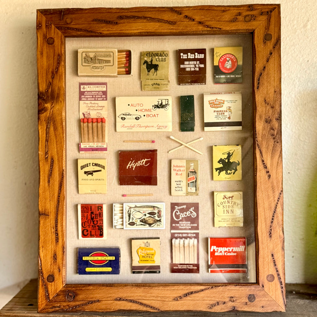 Large Vintage Matchbook Shadow Box Wall Art | Framed Matchbook Collection Display | Retro Hotel, Casino & Restaurant Memorabilia