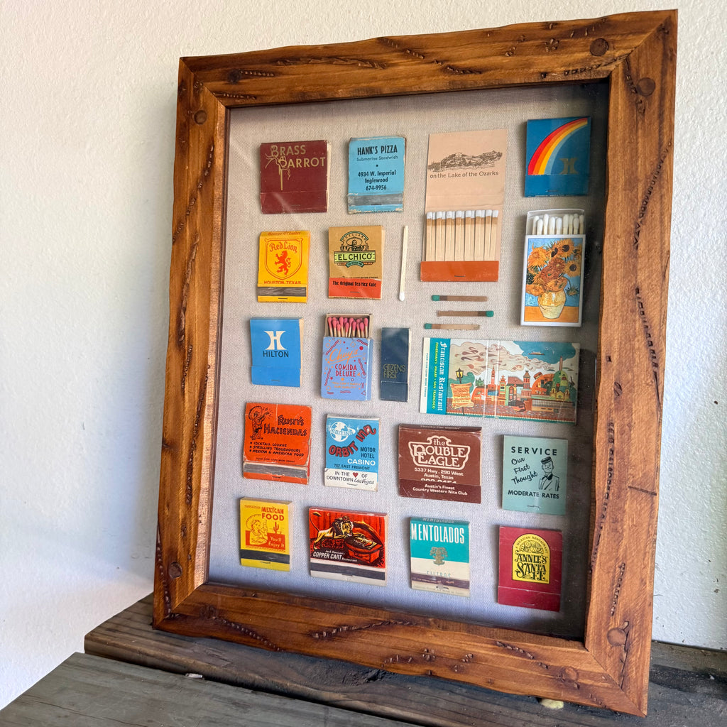 70's Colorful Vintage Matchbook Shadow Box Wall Art | Large Framed Matchbook Collection Display | Retro Travel & Restaurant Memorabilia Decor