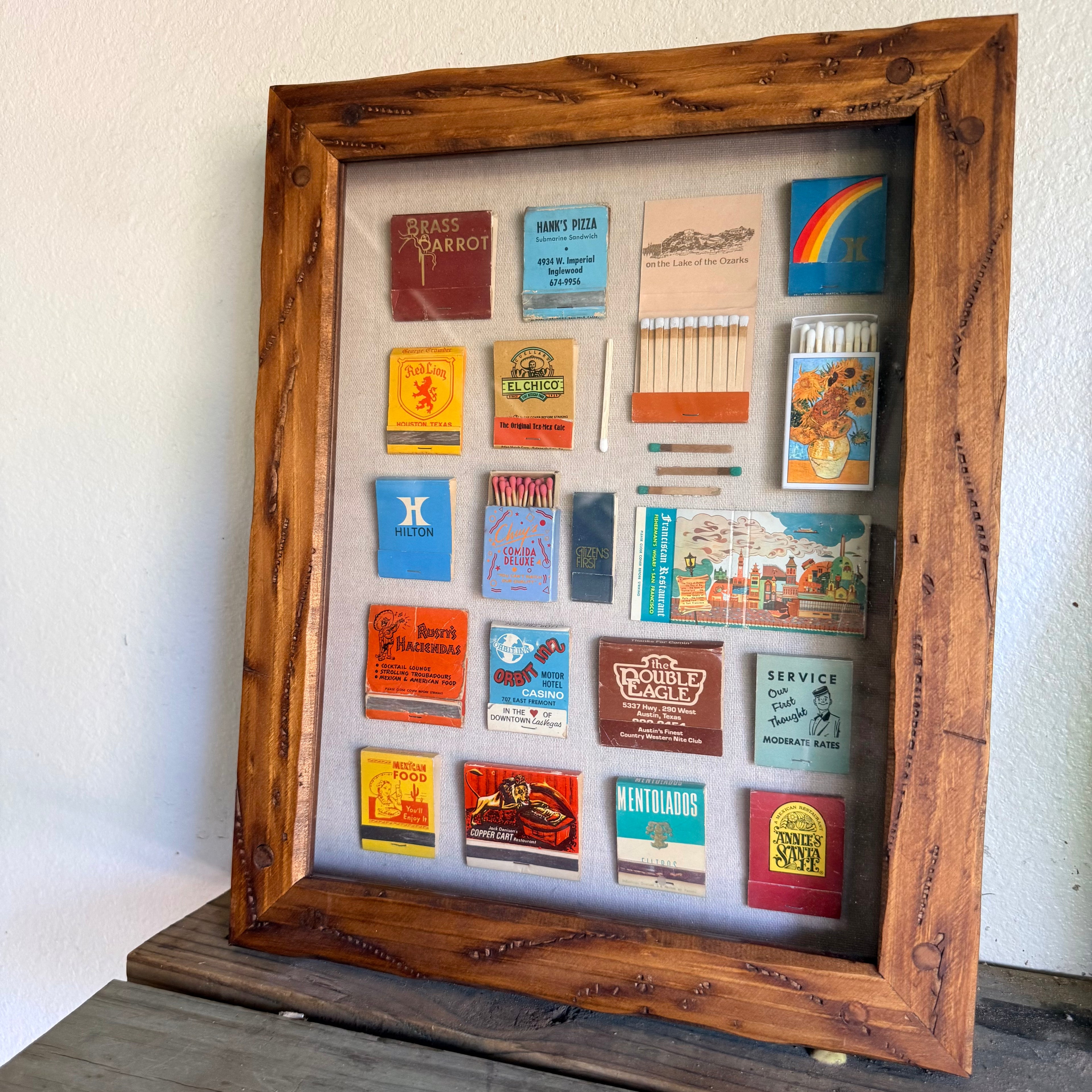 70's Colorful Vintage Matchbook Shadow Box Wall Art | Large Framed Matchbook Collection Display | Retro Travel & Restaurant Memorabilia Decor