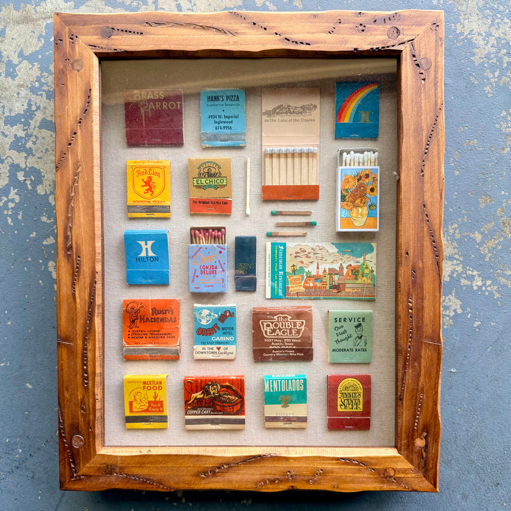 70's Colorful Vintage Matchbook Shadow Box Wall Art | Large Framed Matchbook Collection Display | Retro Travel & Restaurant Memorabilia Decor