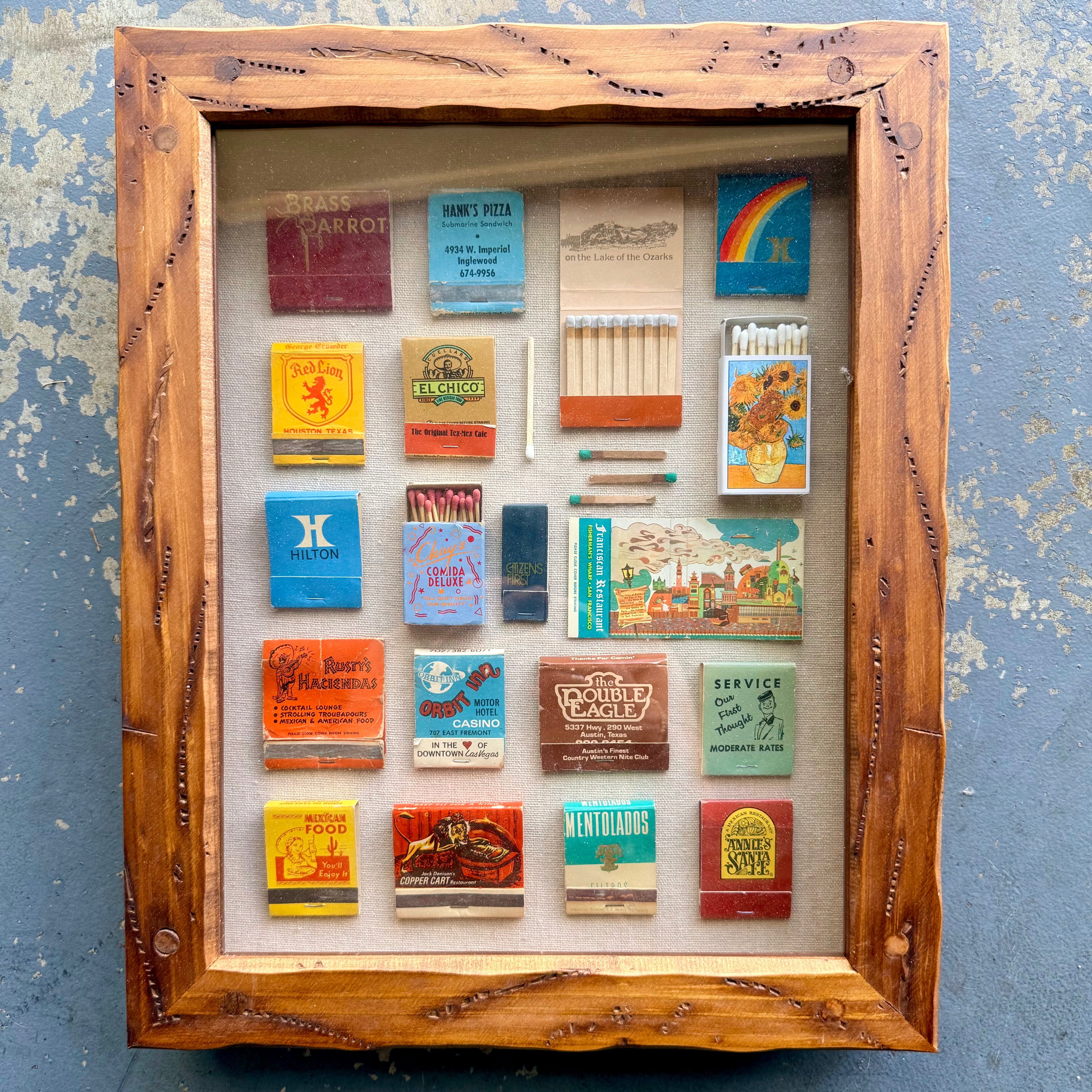 70's Colorful Vintage Matchbook Shadow Box Wall Art | Large Framed Matchbook Collection Display | Retro Travel & Restaurant Memorabilia Decor