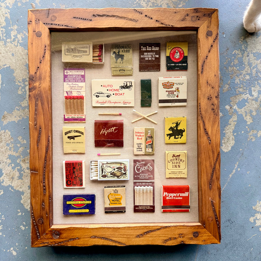 Large Vintage Matchbook Shadow Box Wall Art | Framed Matchbook Collection Display | Retro Hotel, Casino & Restaurant Memorabilia