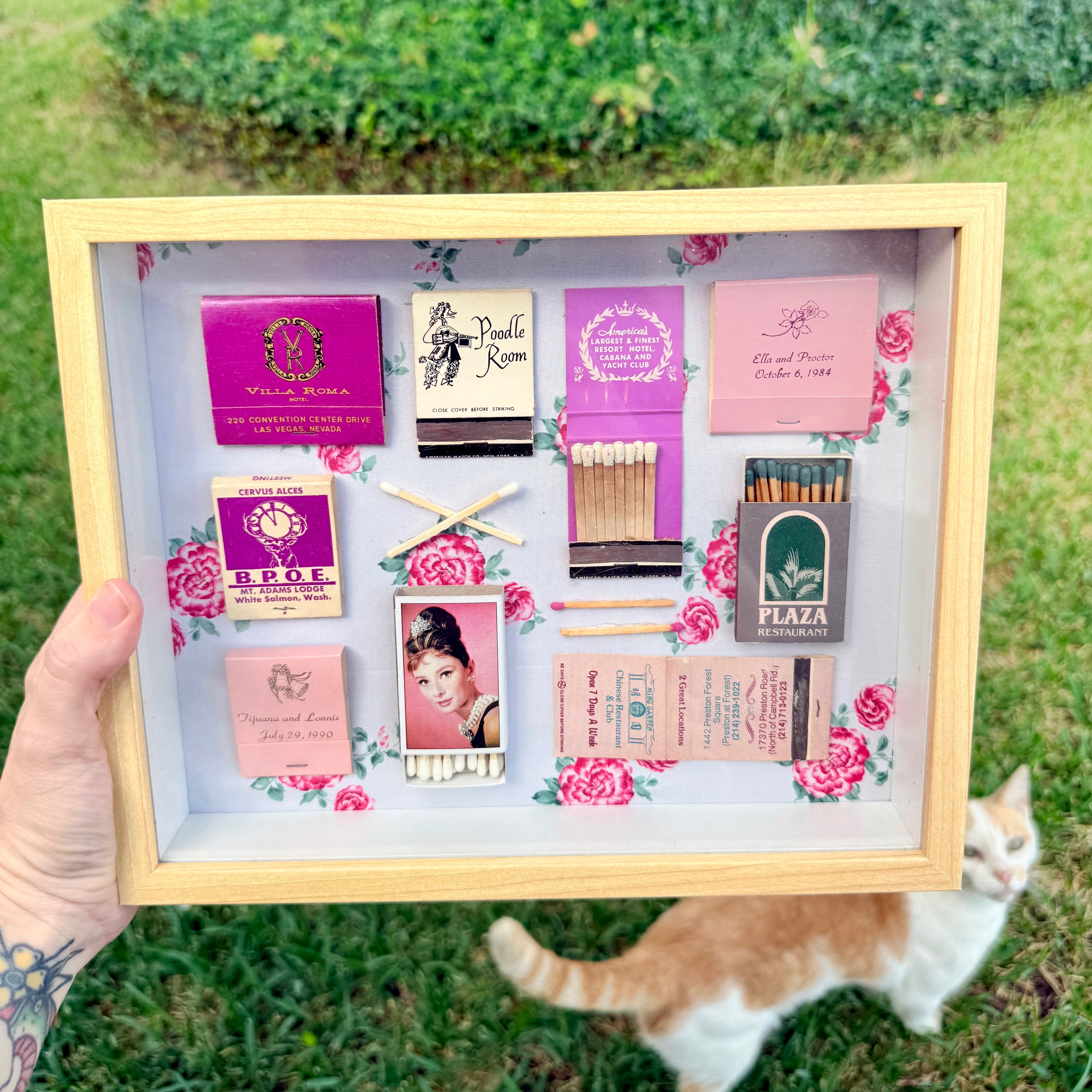 Pink Vintage Matchbook Shadow Box | Floral Retro Wall Art | 11x9 Framed Collage
