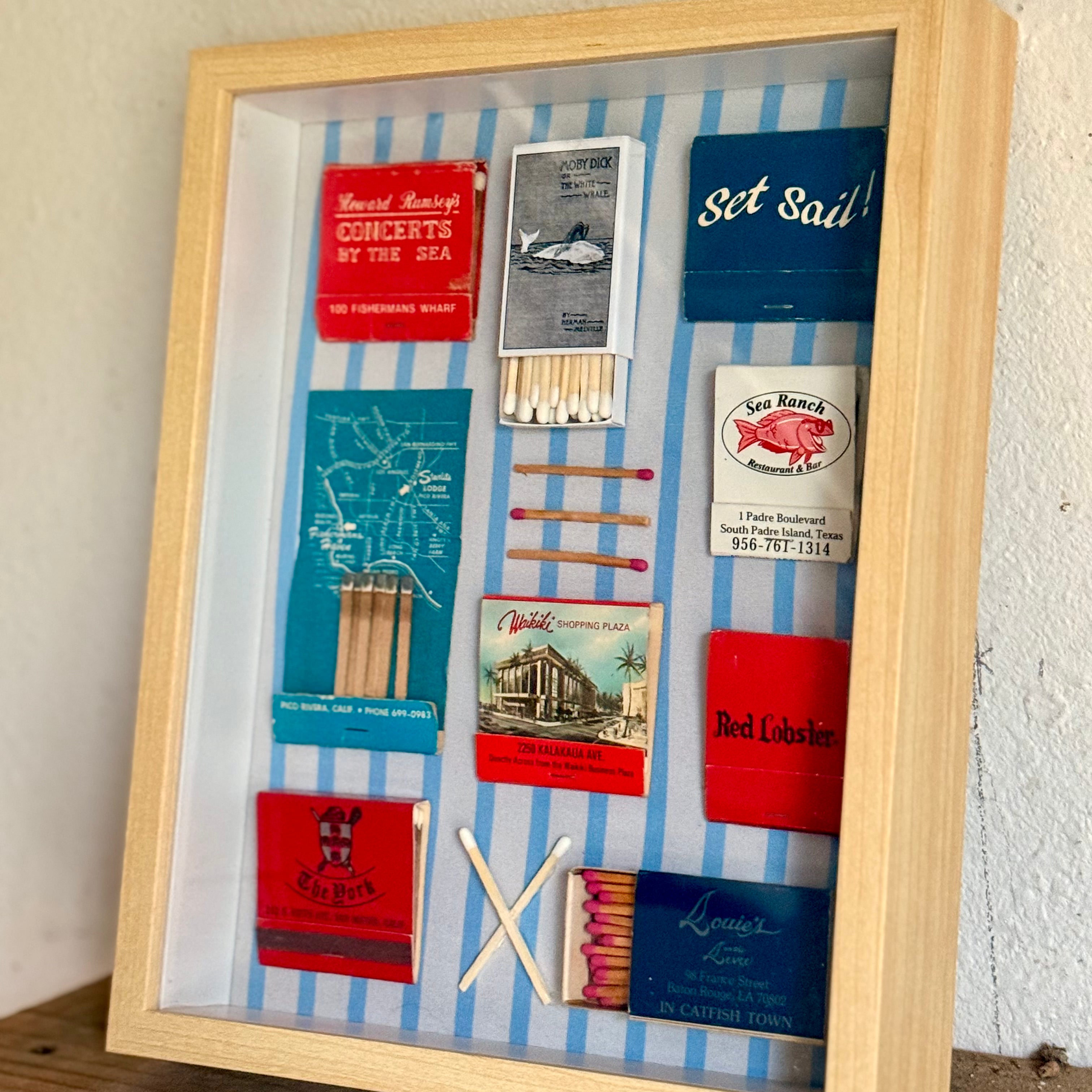 Nautical Vintage Matchbook Shadow Box | Moby Dick and Coastal Restaurant Wall Art | Maritime Home Décor