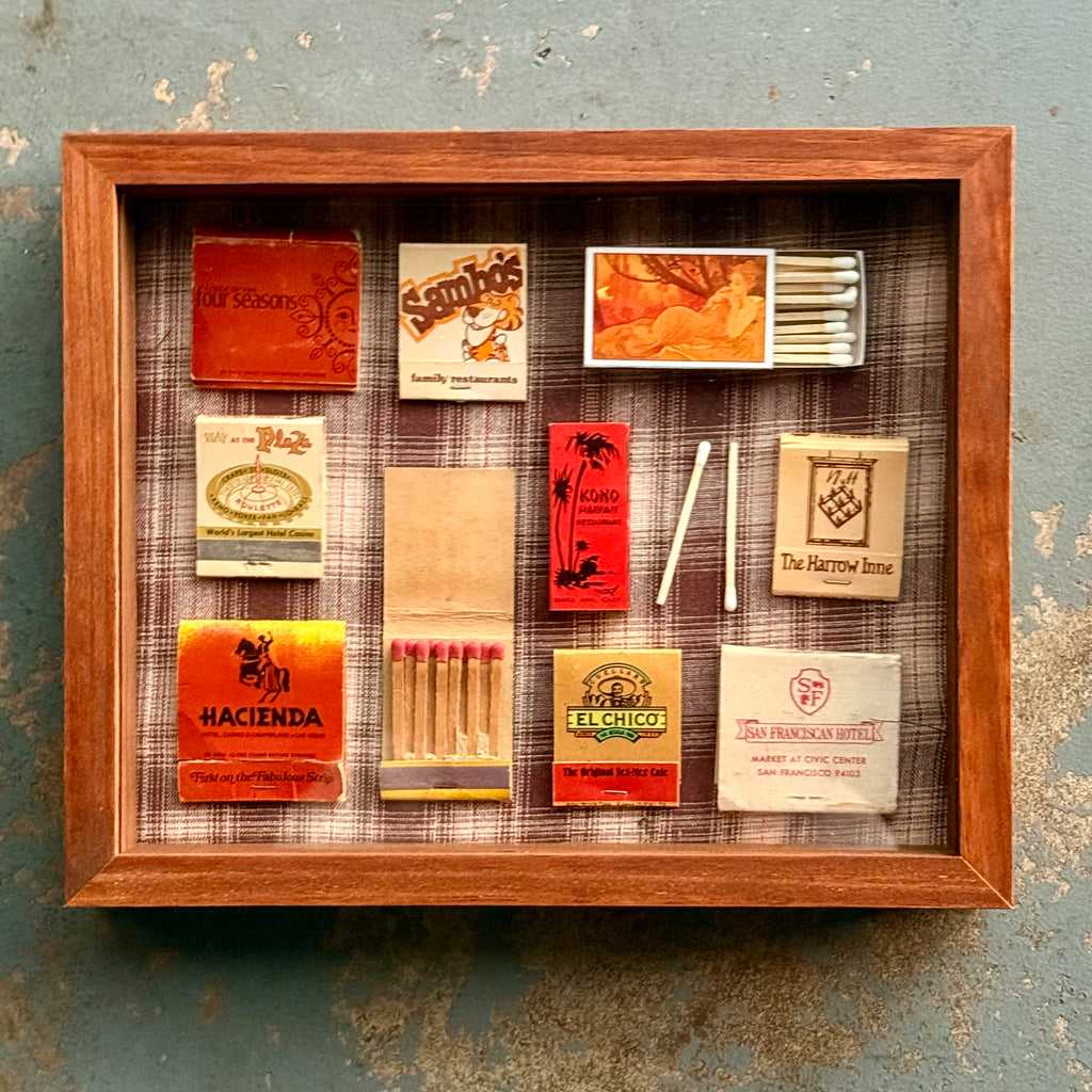 Vintage Orange Plaid Matchbook Shadow Box | Retro Hotel and Casino Wall Art | Mid-Century Bar Décor
