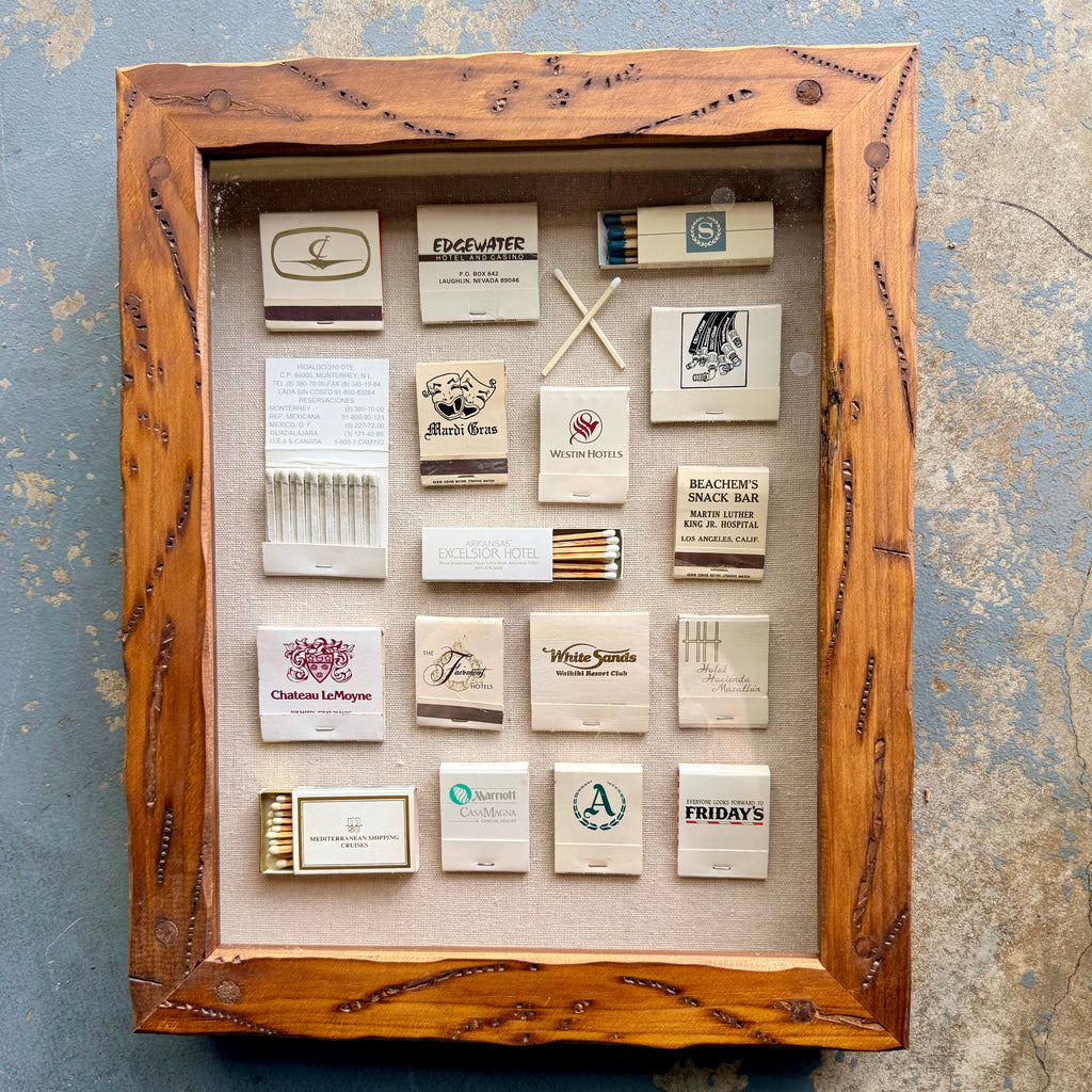 White Vintage Hotel & Casino Matchbook Shadow Box | Framed Travel Memorabilia Wall Art | Retro Hospitality Matchbook Collection