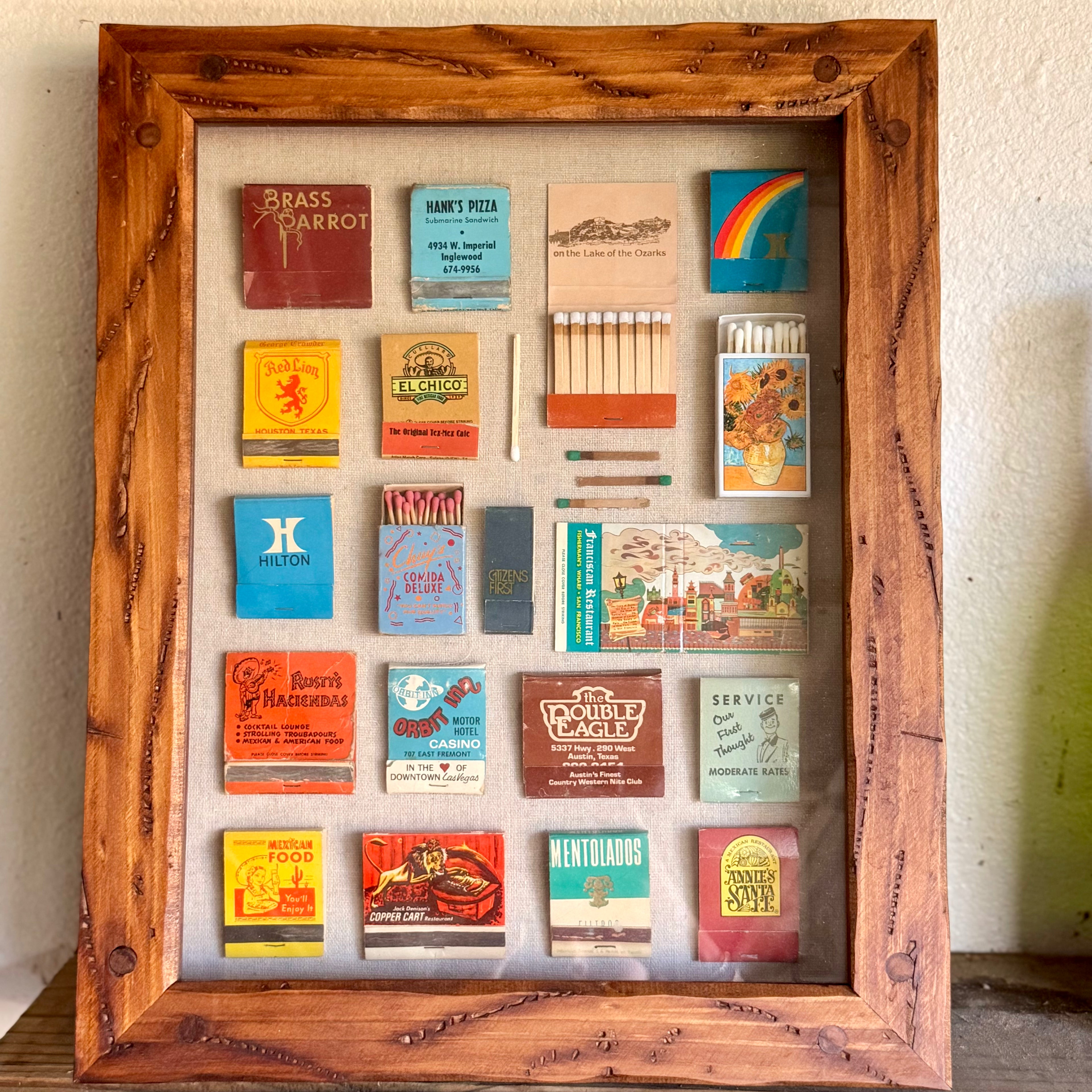70's Colorful Vintage Matchbook Shadow Box Wall Art | Large Framed Matchbook Collection Display | Retro Travel & Restaurant Memorabilia Decor