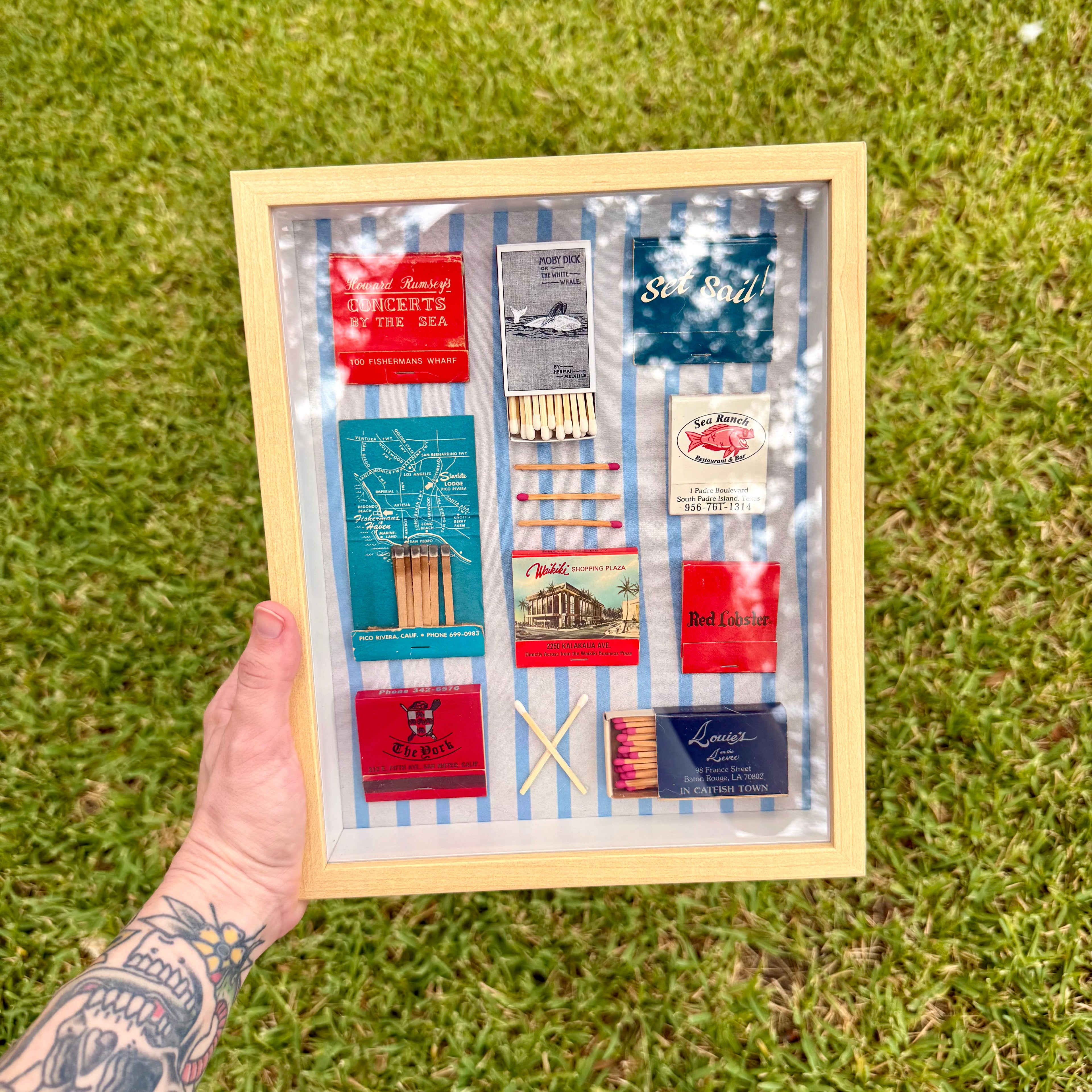 Nautical Vintage Matchbook Shadow Box | Moby Dick and Coastal Restaurant Wall Art | Maritime Home Décor