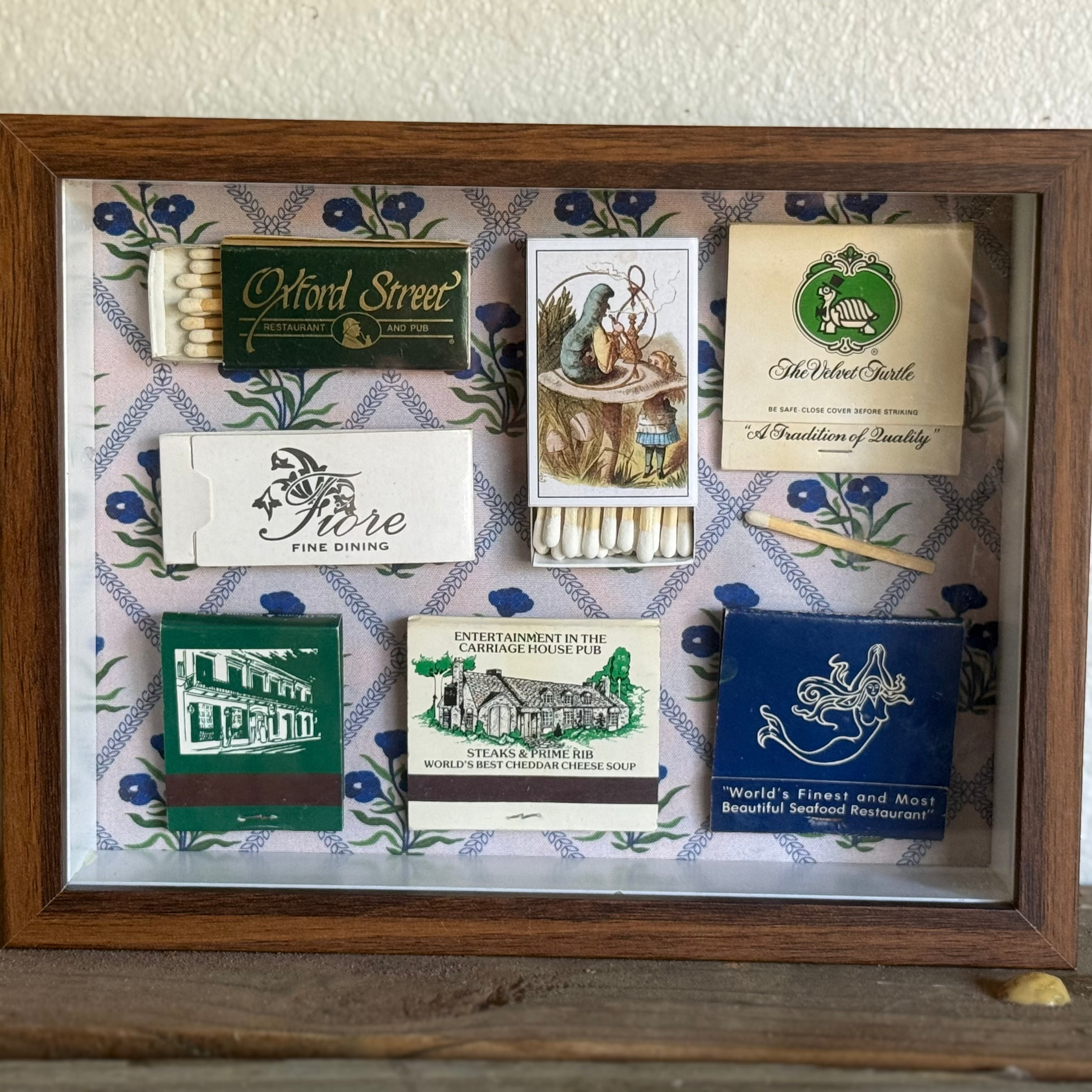 Alice in Wonderland Matchbook Shadow Box, Vintage Restaurant Ephemera Wall Art, Blue Floral Framed Collage, One-of-a-Kind Decor