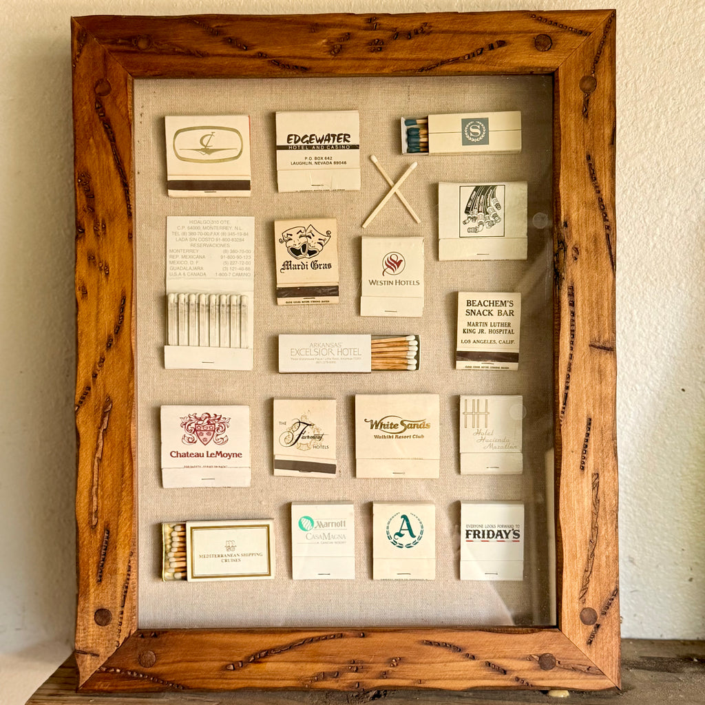 White Vintage Hotel & Casino Matchbook Shadow Box | Framed Travel Memorabilia Wall Art | Retro Hospitality Matchbook Collection