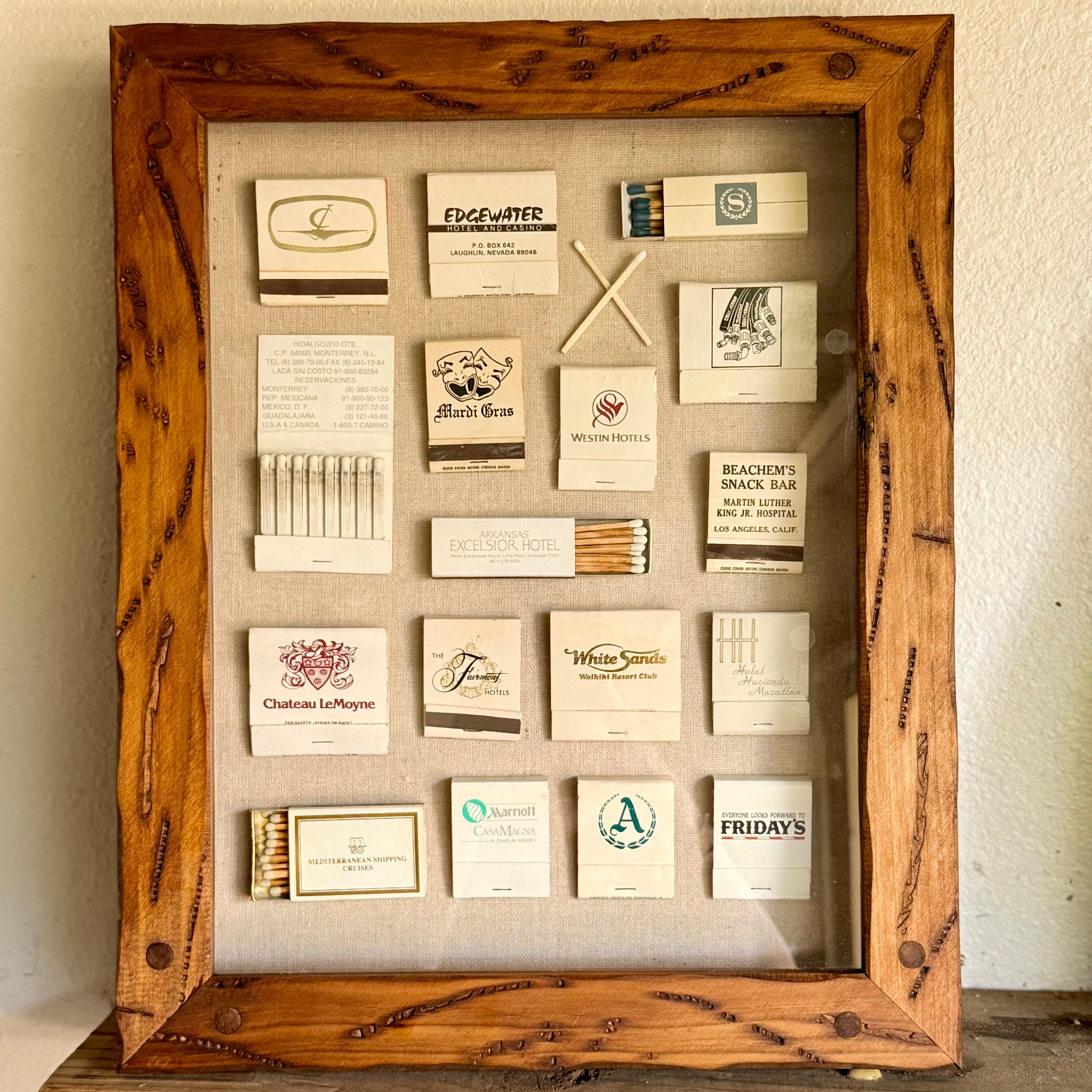 White Vintage Hotel & Casino Matchbook Shadow Box | Framed Travel Memorabilia Wall Art | Retro Hospitality Matchbook Collection