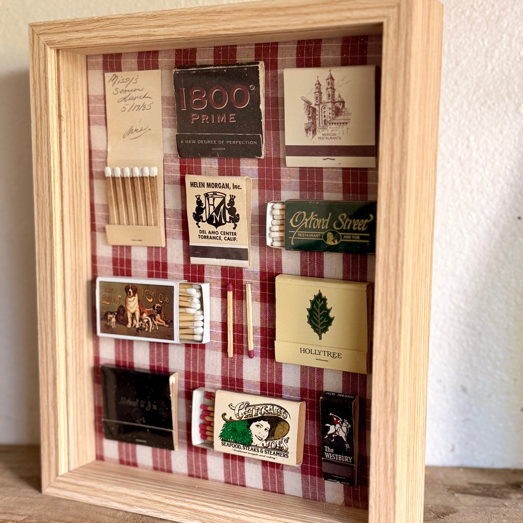 Vintage Matchbook Shadow Box Wall Art | Rustic Plaid Retro Memorabilia | 11x9 Frame
