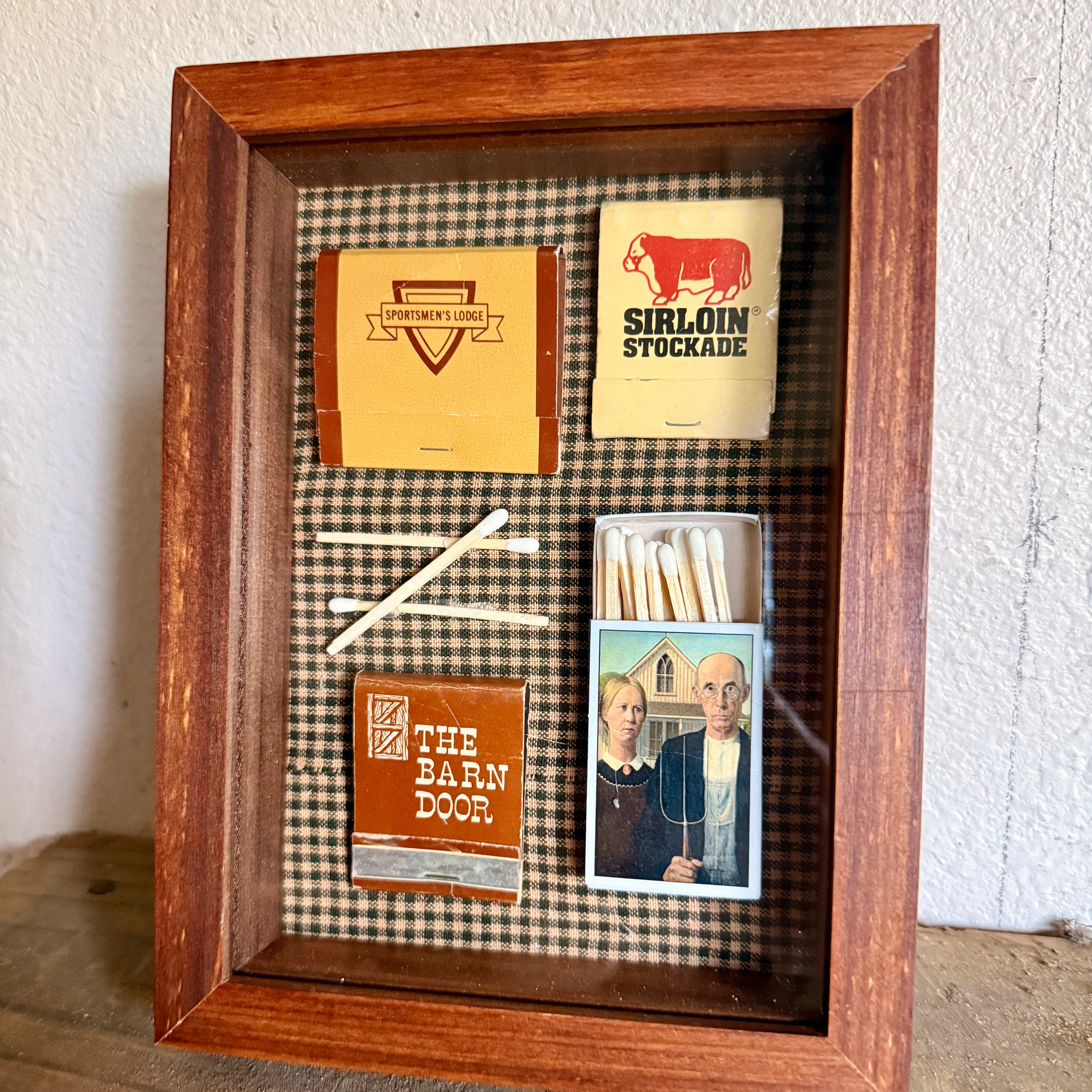 Vintage Matchbook Shadow Box | American Gothic Farmhouse Art | Rustic Restaurant Memorabilia