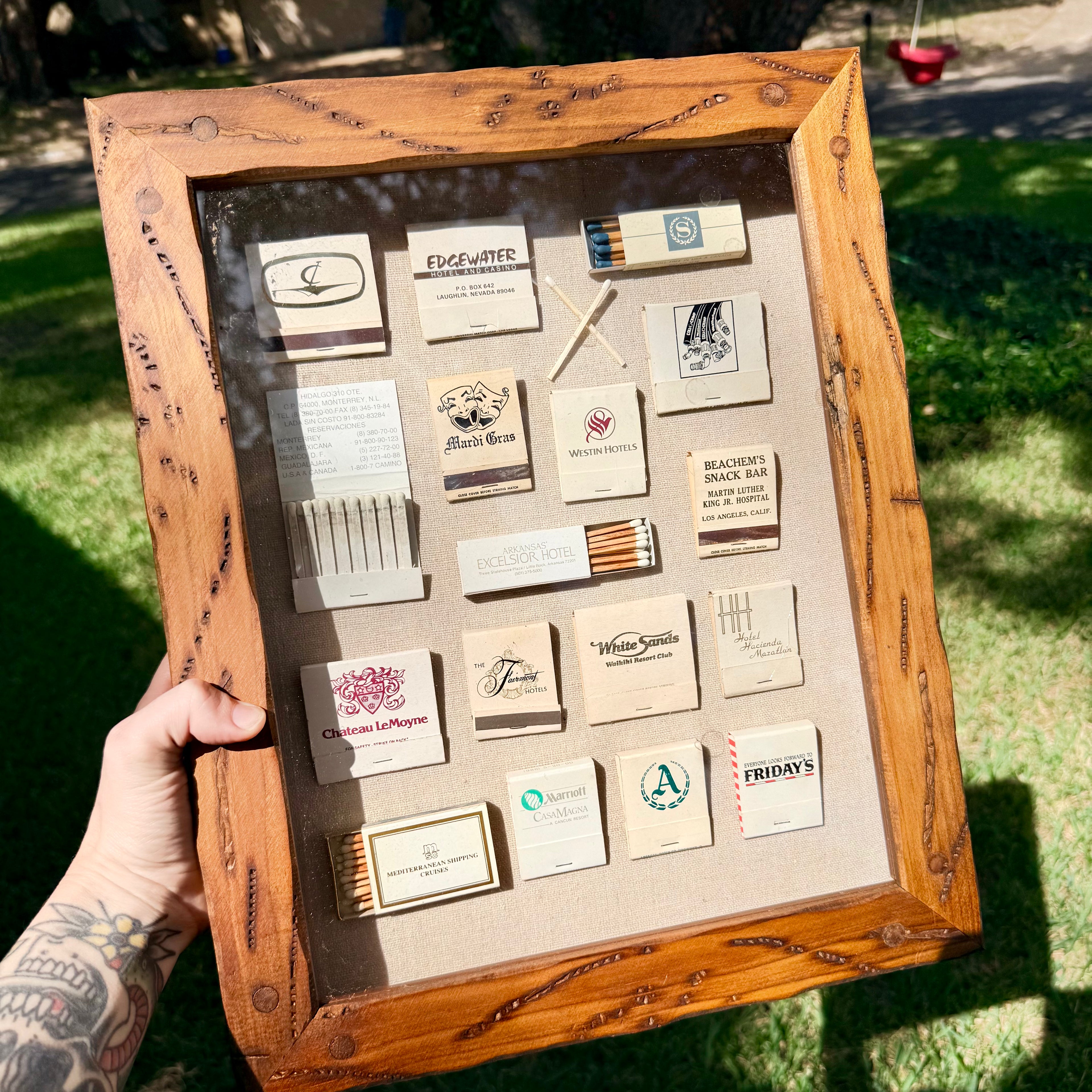 White Vintage Hotel & Casino Matchbook Shadow Box | Framed Travel Memorabilia Wall Art | Retro Hospitality Matchbook Collection