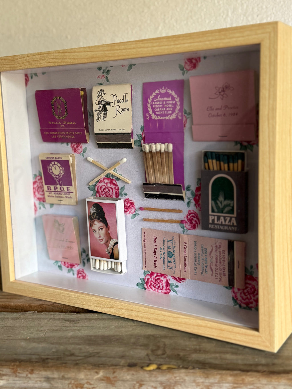 Pink Vintage Matchbook Shadow Box | Floral Retro Wall Art | 11x9 Framed Collage
