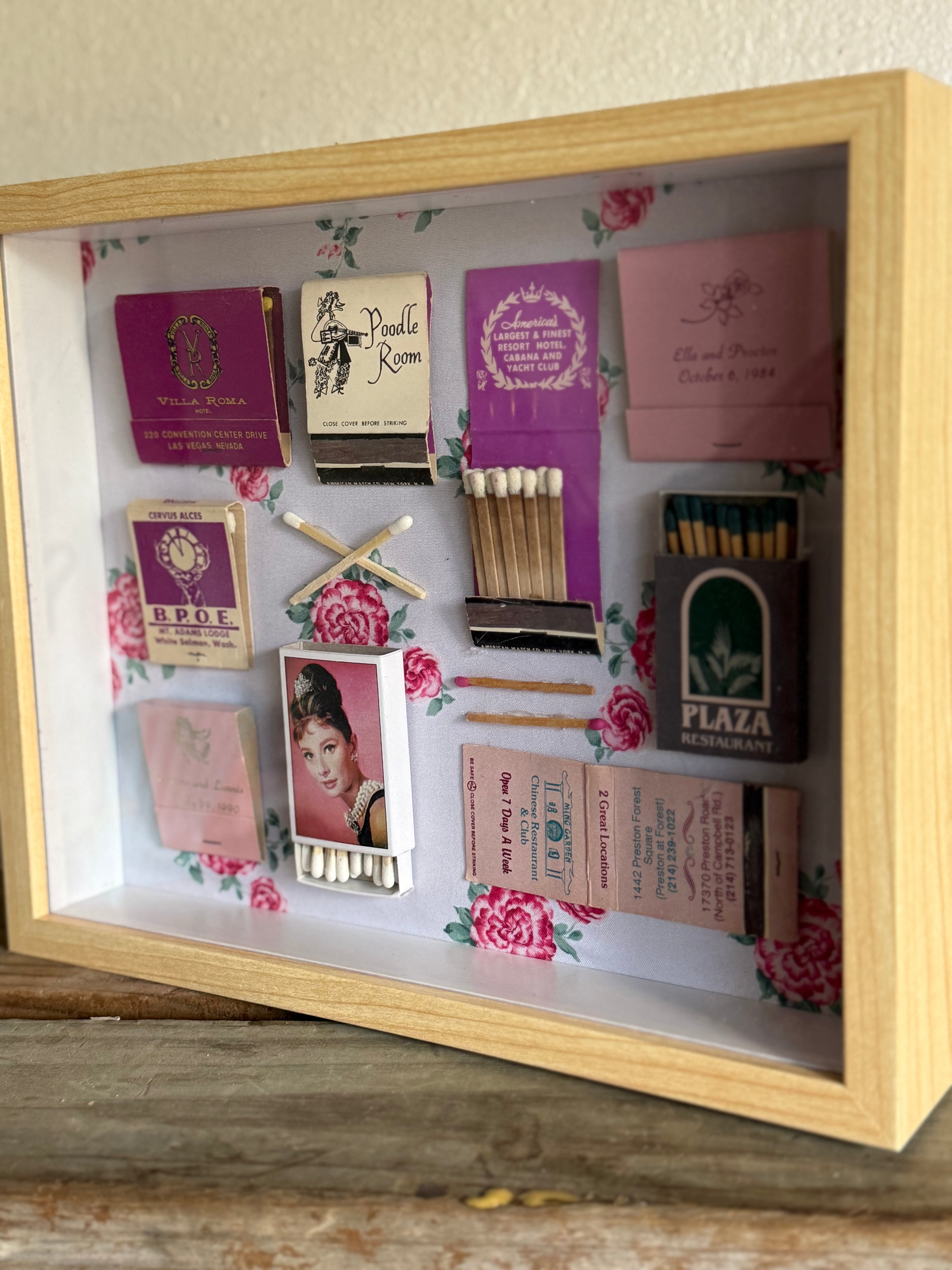 Pink Vintage Matchbook Shadow Box | Floral Retro Wall Art | 11x9 Framed Collage