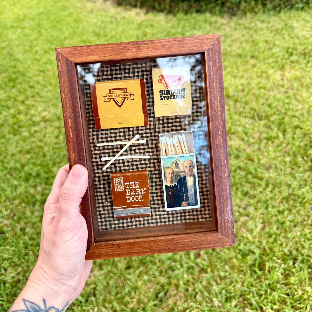 Vintage Matchbook Shadow Box | American Gothic Farmhouse Art | Rustic Restaurant Memorabilia