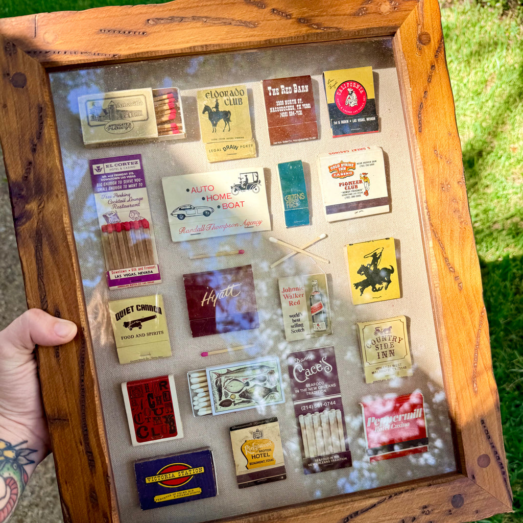 Large Vintage Matchbook Shadow Box Wall Art | Framed Matchbook Collection Display | Retro Hotel, Casino & Restaurant Memorabilia