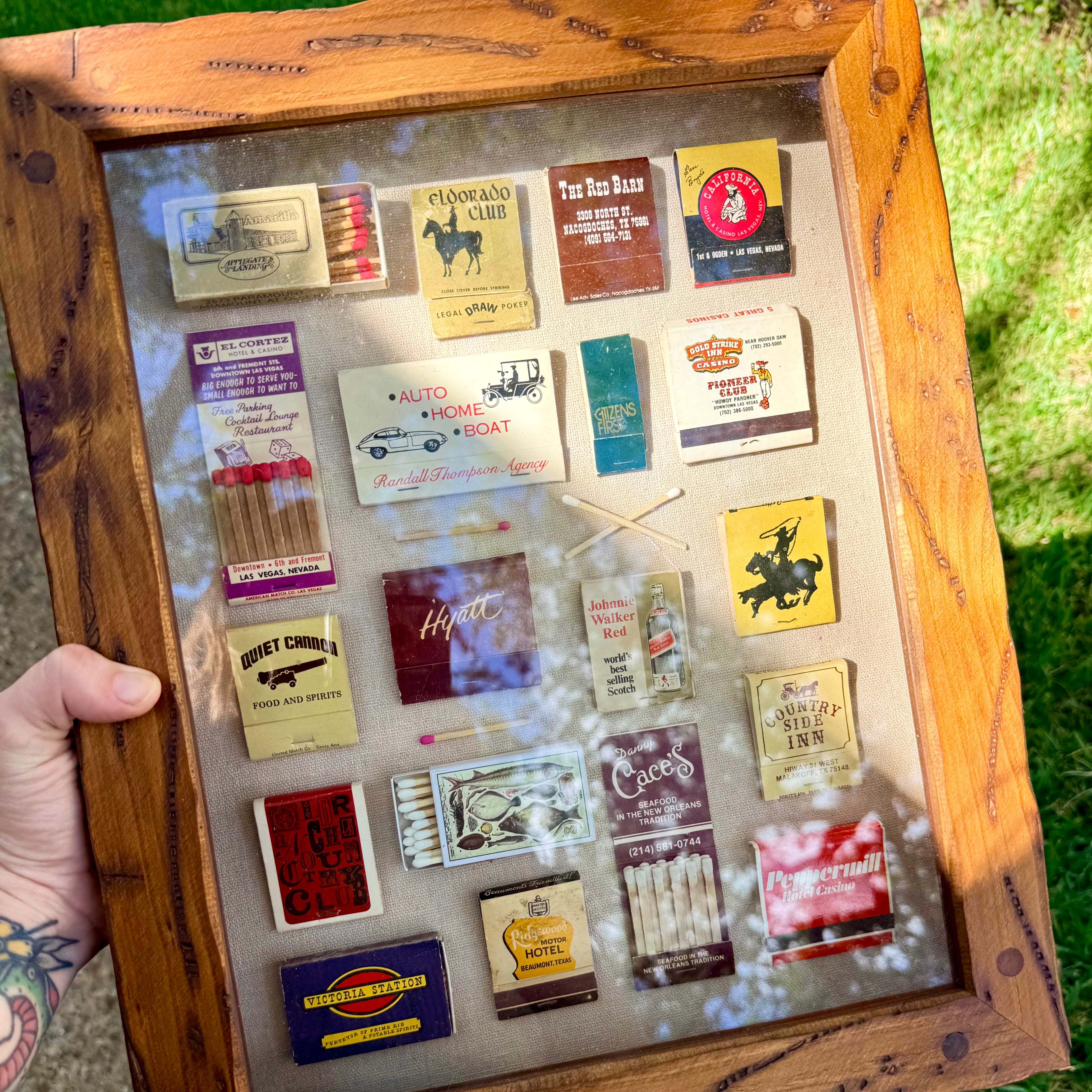 Large Vintage Matchbook Shadow Box Wall Art | Framed Matchbook Collection Display | Retro Hotel, Casino & Restaurant Memorabilia