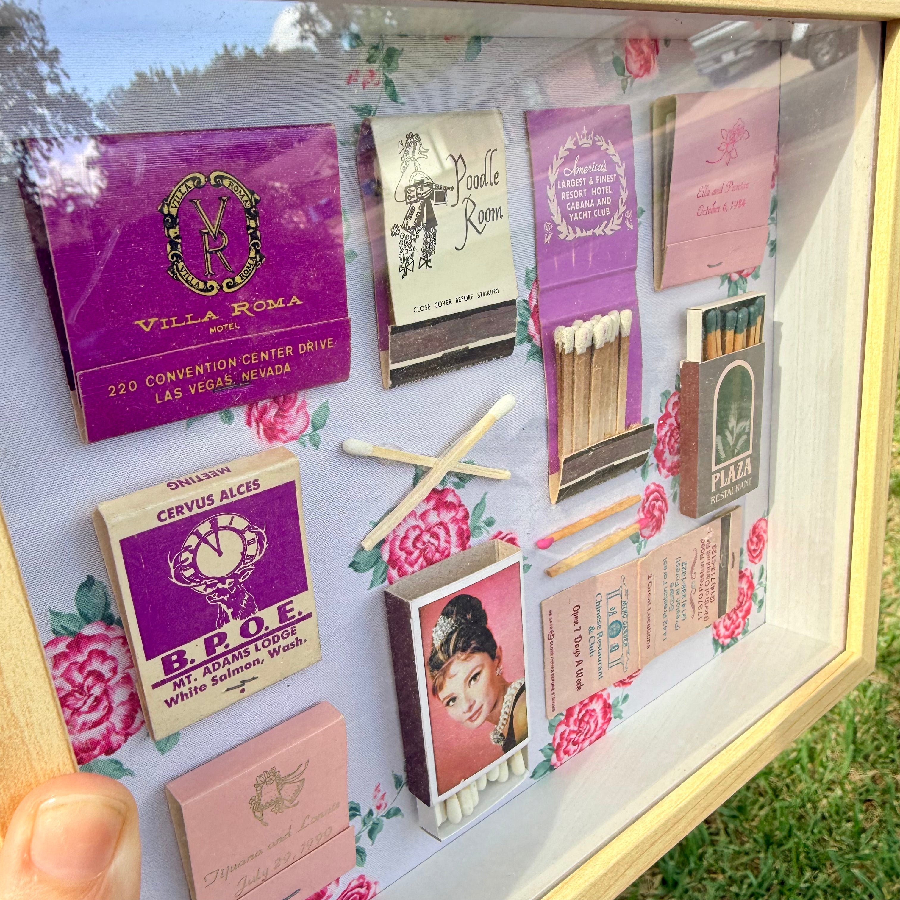 Pink Vintage Matchbook Shadow Box | Floral Retro Wall Art | 11x9 Framed Collage