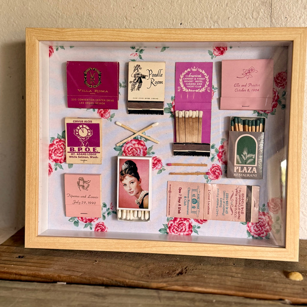 Pink Vintage Matchbook Shadow Box | Floral Retro Wall Art | 11x9 Framed Collage