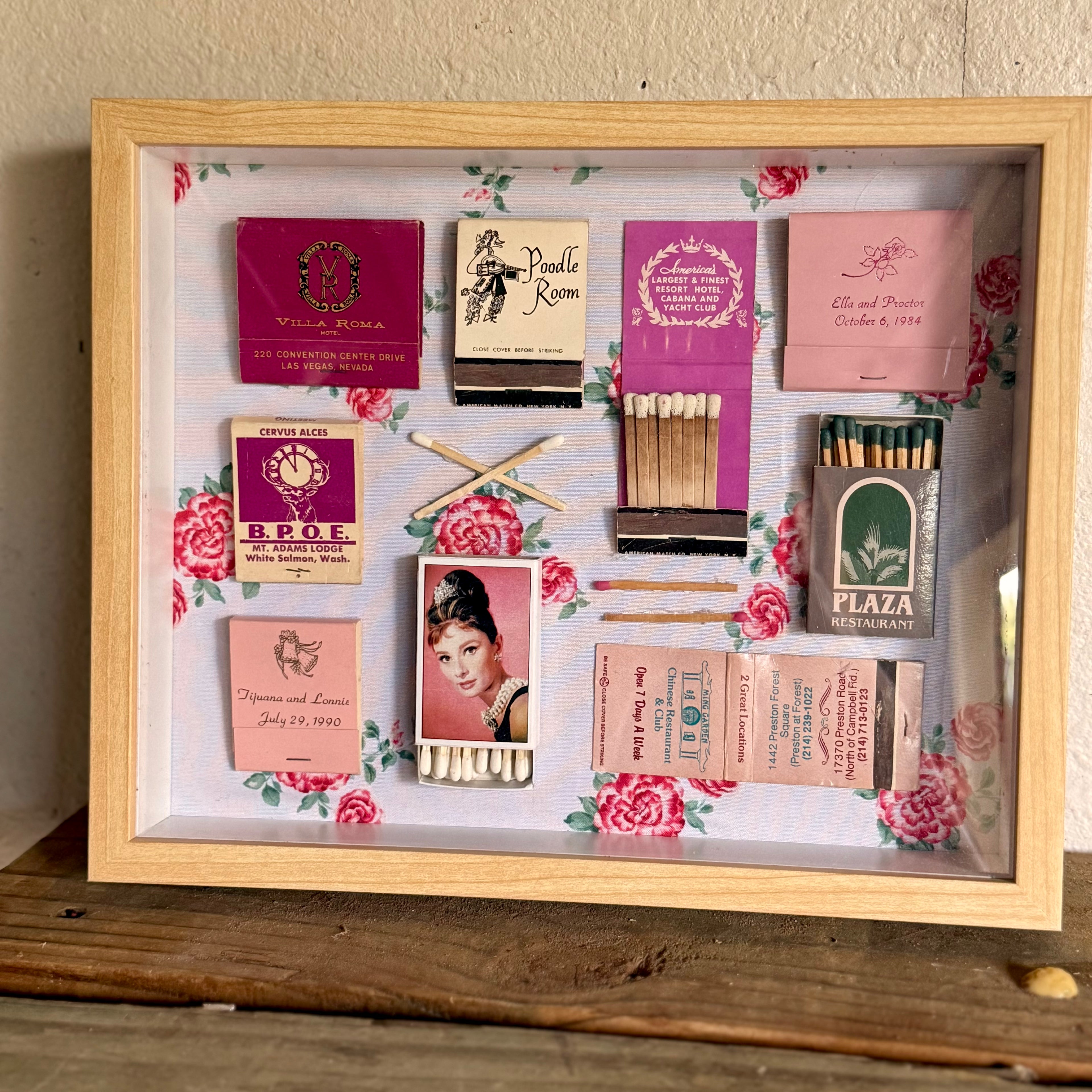 Pink Vintage Matchbook Shadow Box | Floral Retro Wall Art | 11x9 Framed Collage