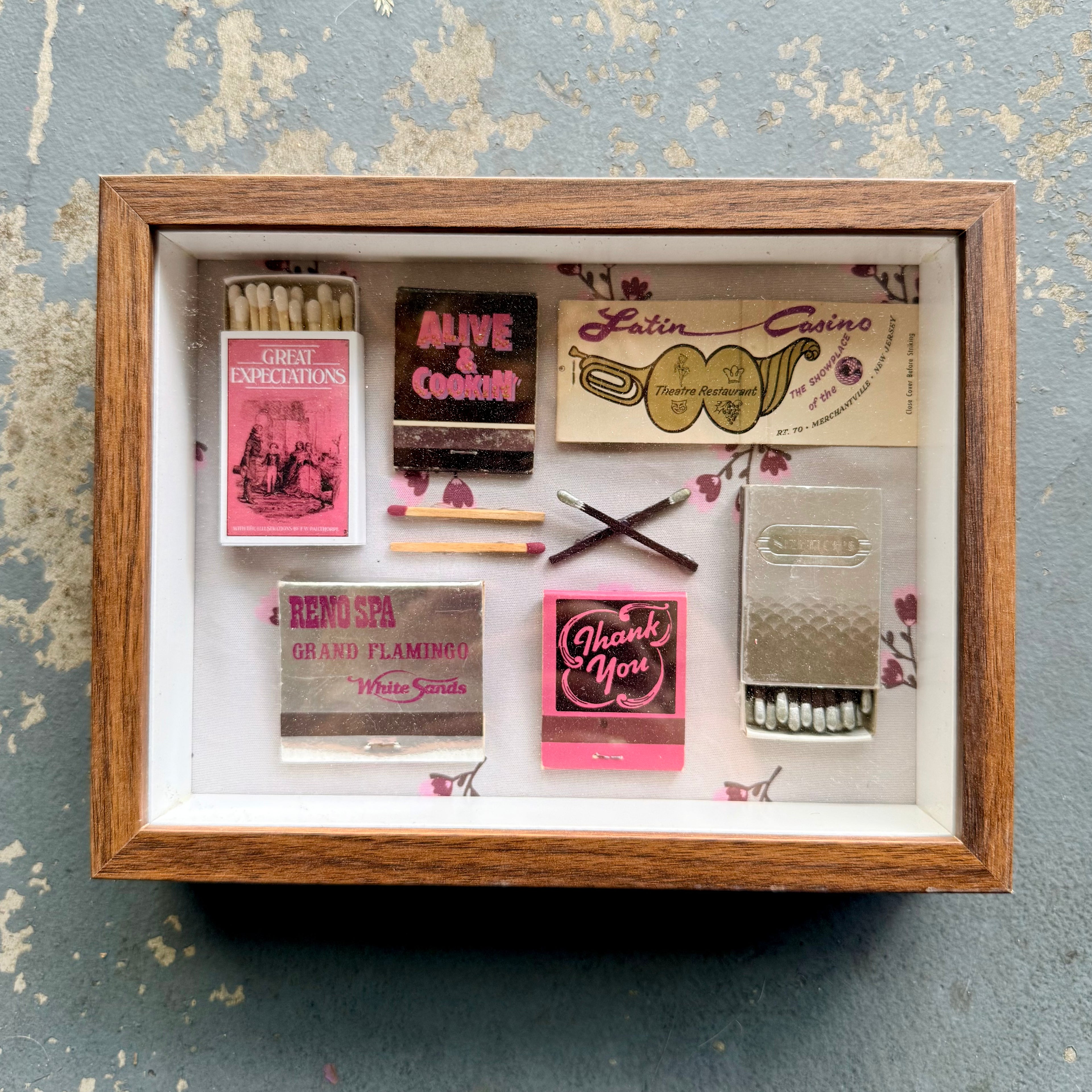 Pink Vintage Matchbook Shadow Box | Retro Wall Art Decor
