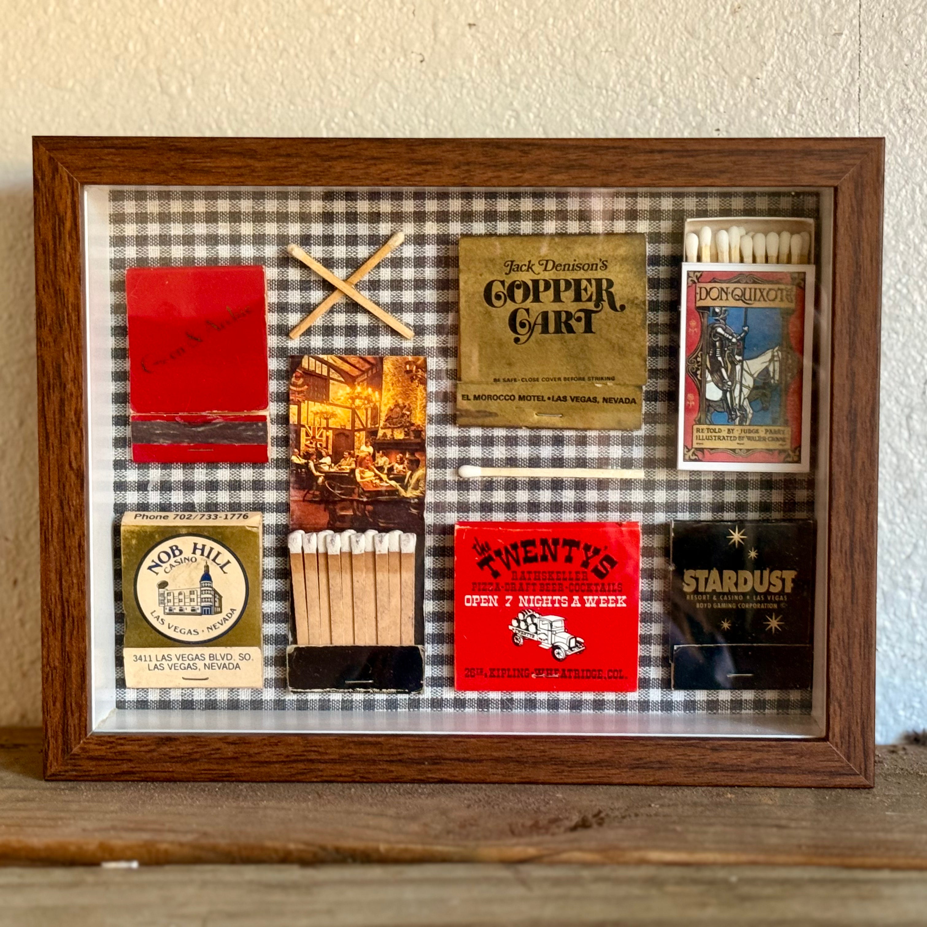 Vintage Las Vegas Matchbook Shadow Box, Don Quixote Literary Wall Art, Casino Restaurant Ephemera, 9x7 One-of-a-Kind Decor