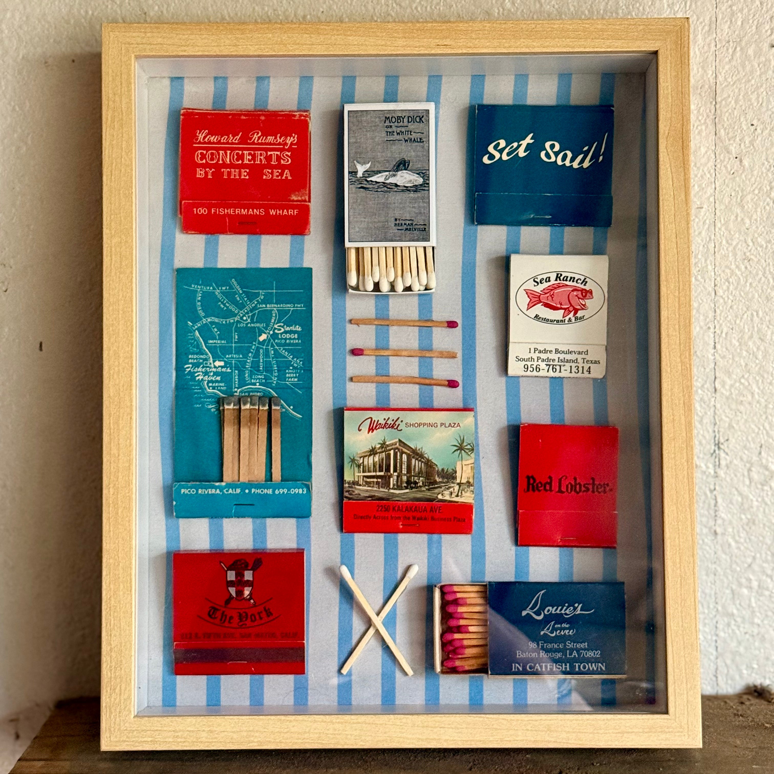 Nautical Vintage Matchbook Shadow Box | Moby Dick and Coastal Restaurant Wall Art | Maritime Home Décor