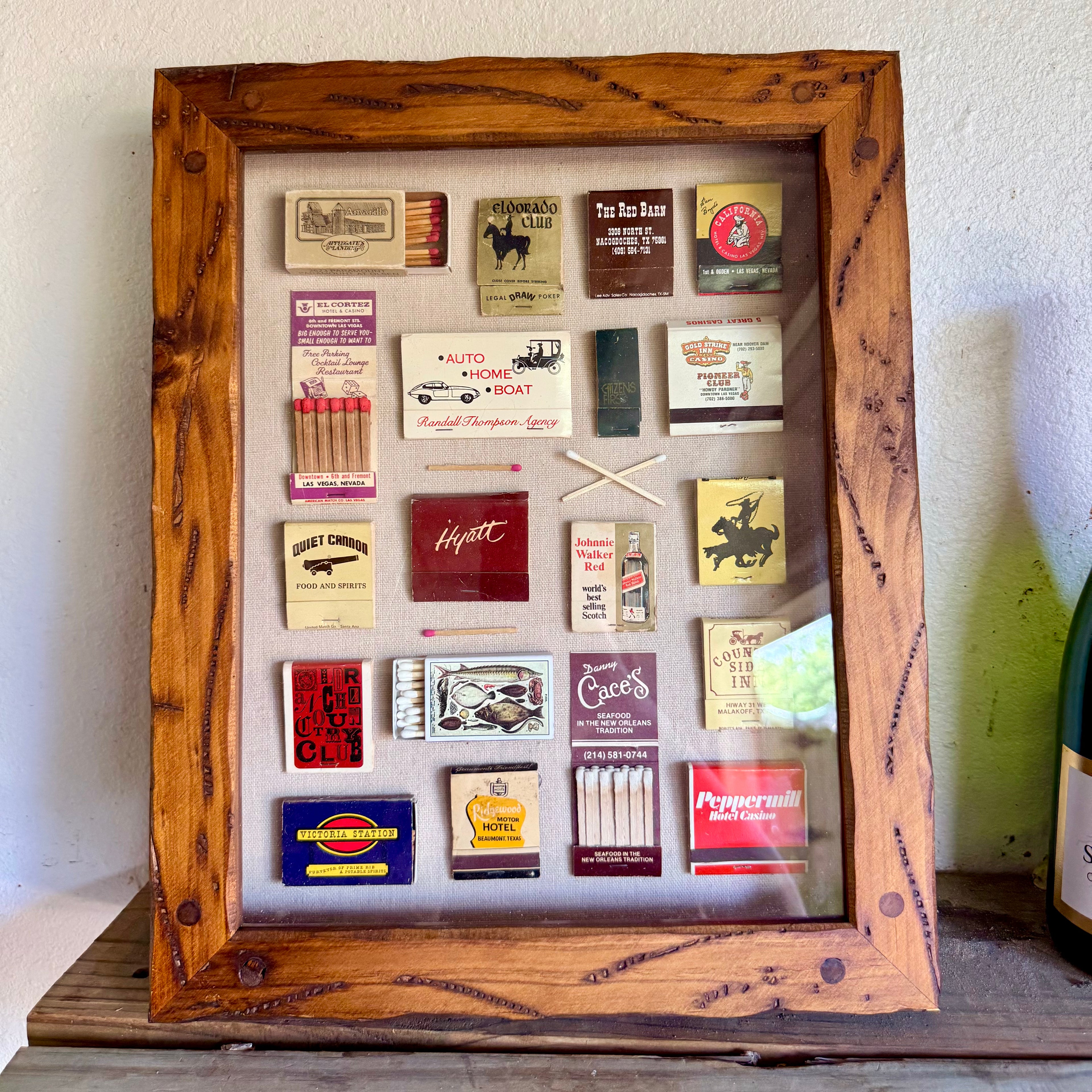 Large Vintage Matchbook Shadow Box Wall Art | Framed Matchbook Collection Display | Retro Hotel, Casino & Restaurant Memorabilia