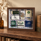 Alice in Wonderland Matchbook Shadow Box, Vintage Restaurant Ephemera Wall Art, Blue Floral Framed Collage, One-of-a-Kind Decor
