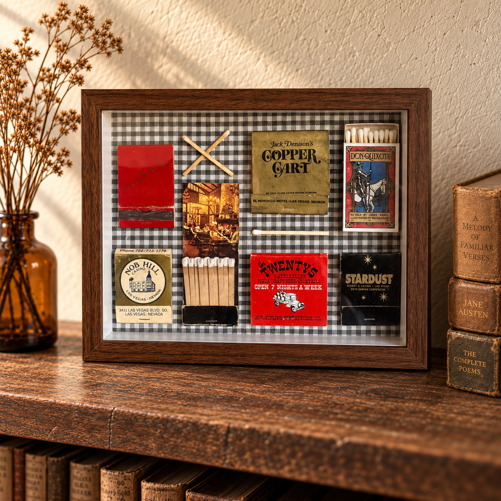 Vintage Las Vegas Matchbook Shadow Box, Don Quixote Literary Wall Art, Casino Restaurant Ephemera, 9x7 One-of-a-Kind Decor